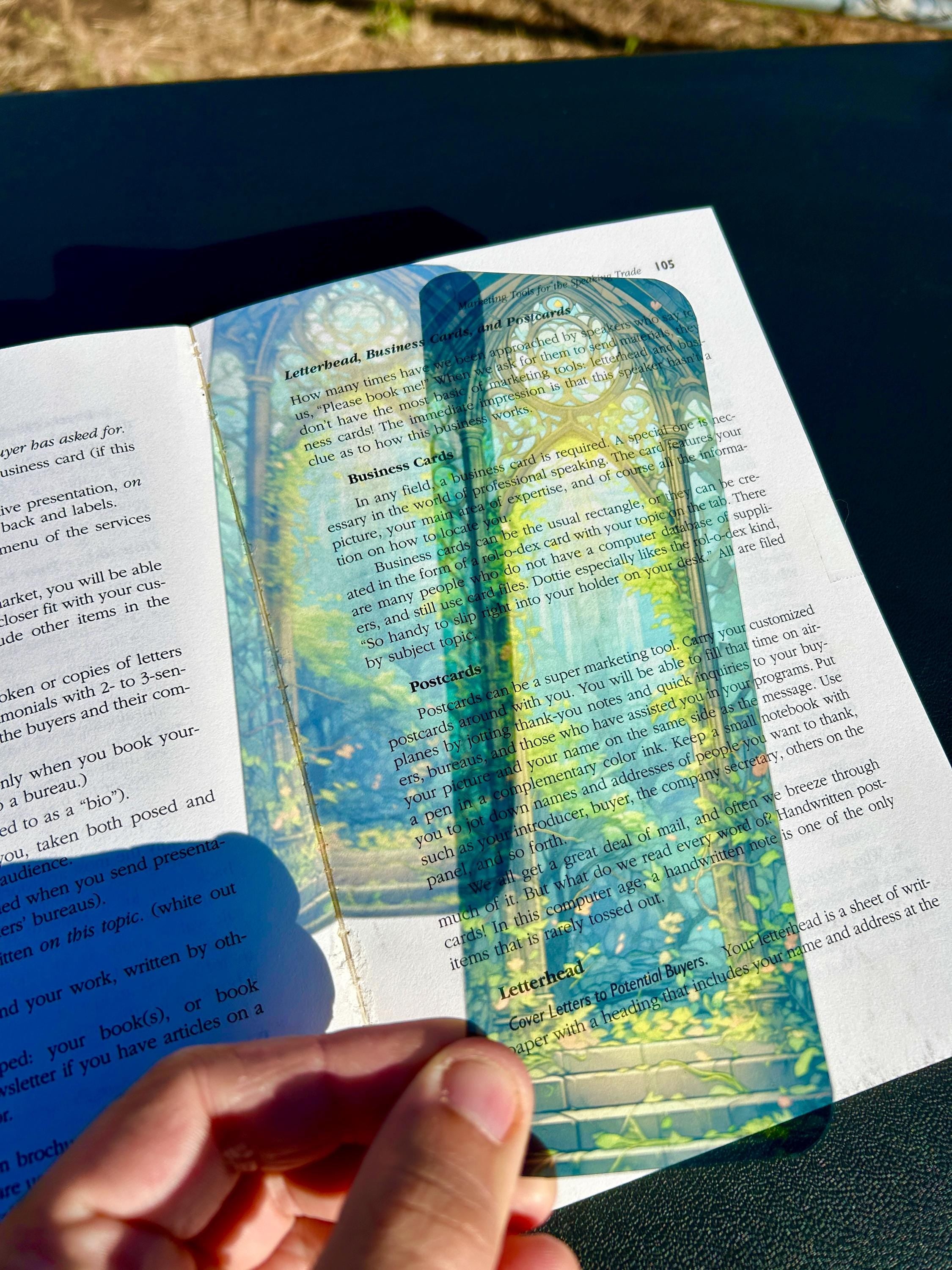 Cathedral Garden Bookmark – Stained Glass Archway with Ivy, Sunlight, and Mystical Forest Path