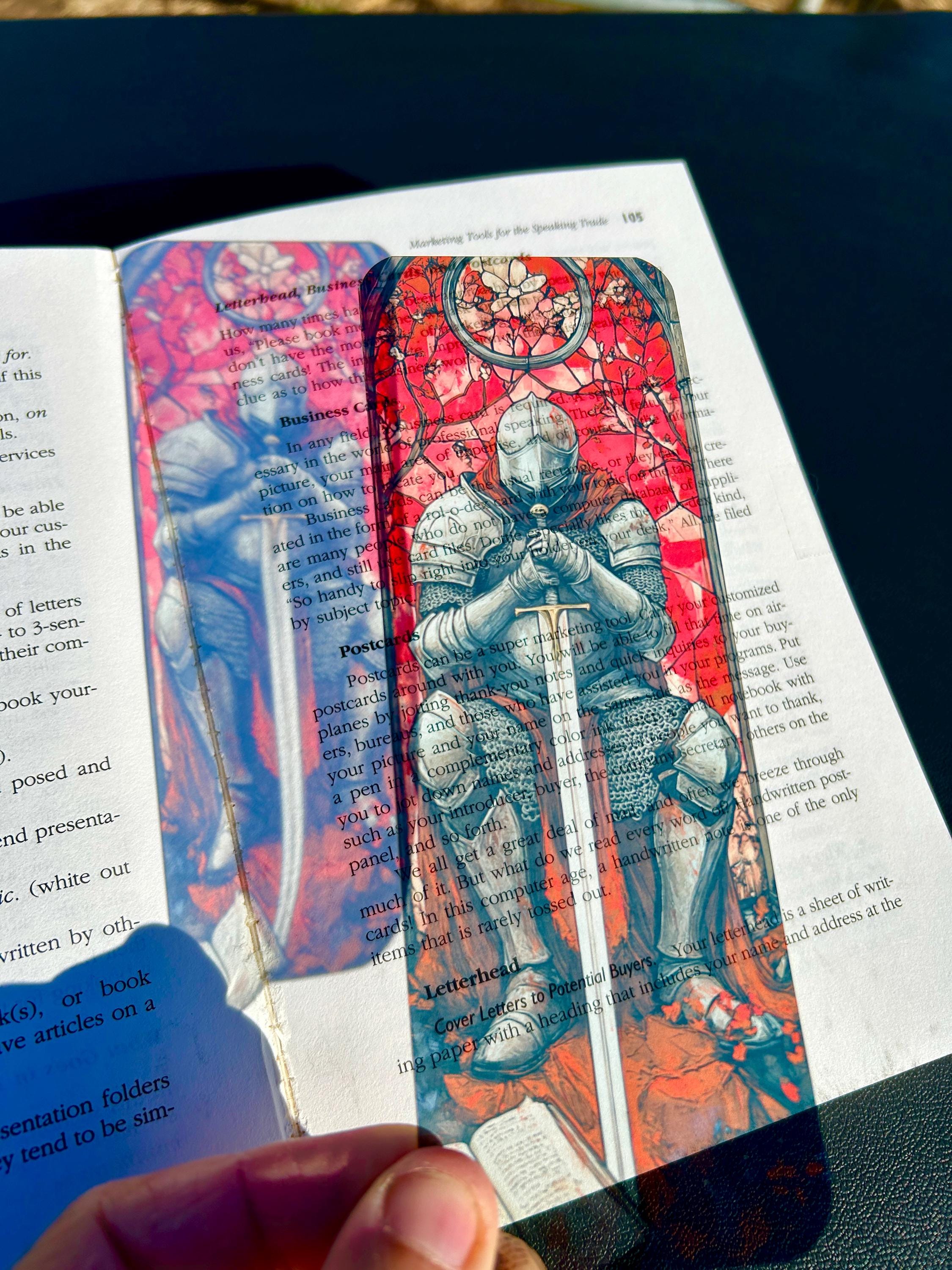 Medieval Knight Bookmark – Stained Glass Style Warrior Kneeling with Sword | Bookmark For Men