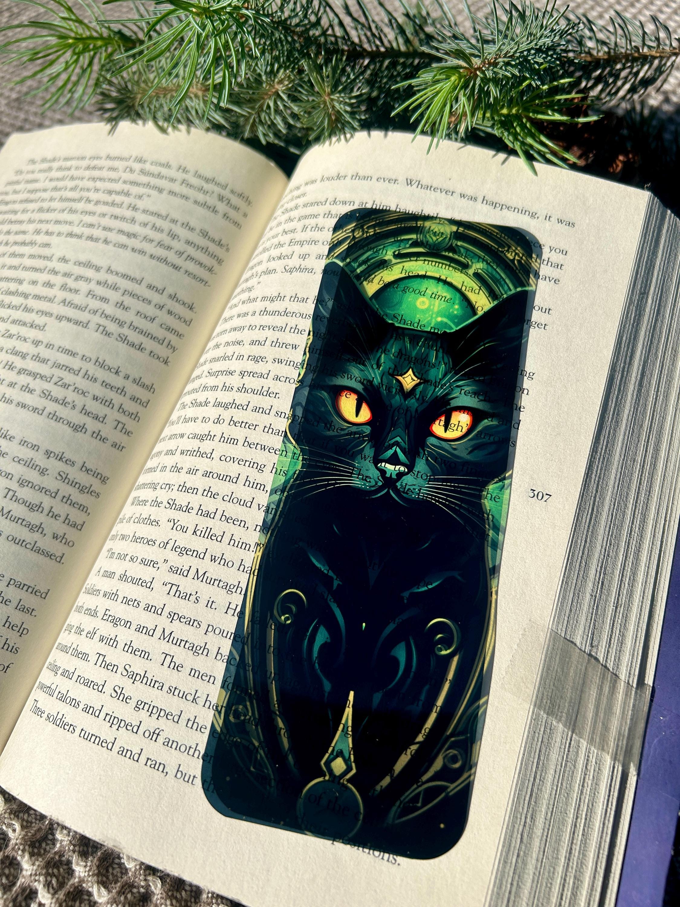 Mystic Mage Cat Bookmark – Fantasy Black Cat with Glowing Eyes over Book Text – Stained Glass Style Bookmark – Gothic Witchy Reader Gift
