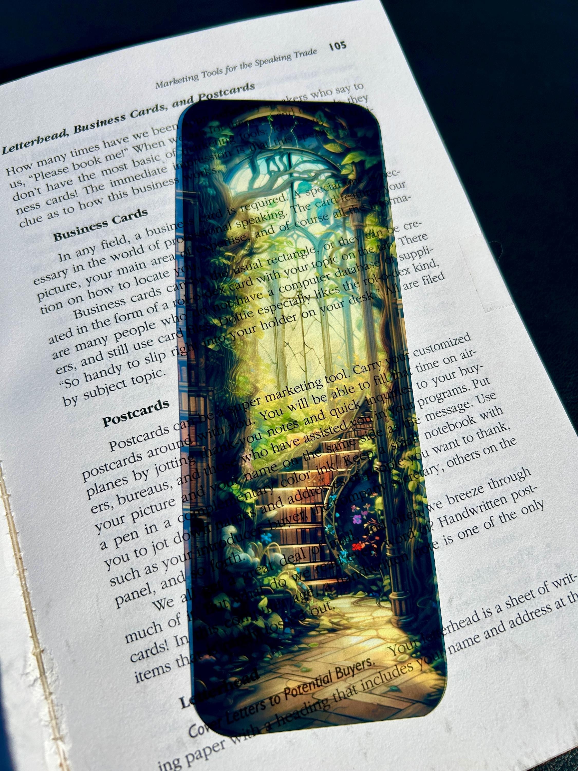 Library Staircase Bookmark – Golden Stained Glass, Ivy-Covered Steps, and Sunlit Gothic Window for Dreamy Readers