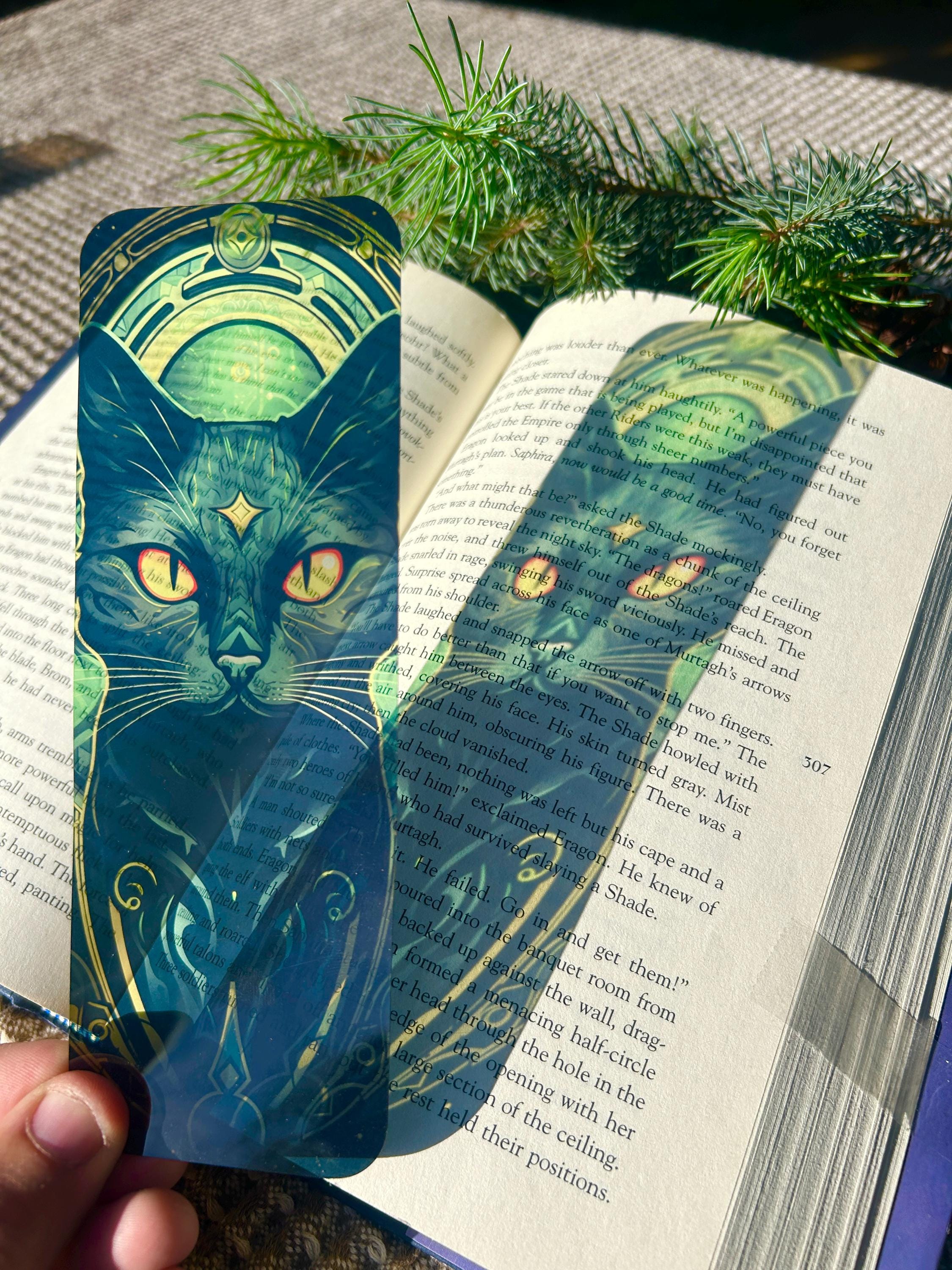 Mystic Mage Cat Bookmark – Fantasy Black Cat with Glowing Eyes over Book Text – Stained Glass Style Bookmark – Gothic Witchy Reader Gift
