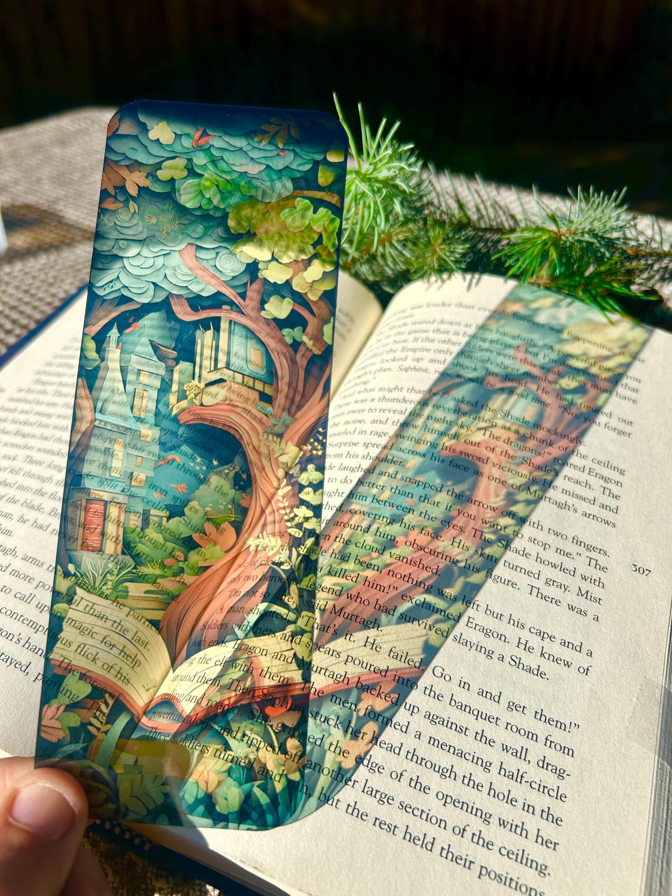 Storybook Treehouse Transparent Bookmark – Enchanted Forest Design with Open Book and Fantasy Scene for Book Lovers & Readers