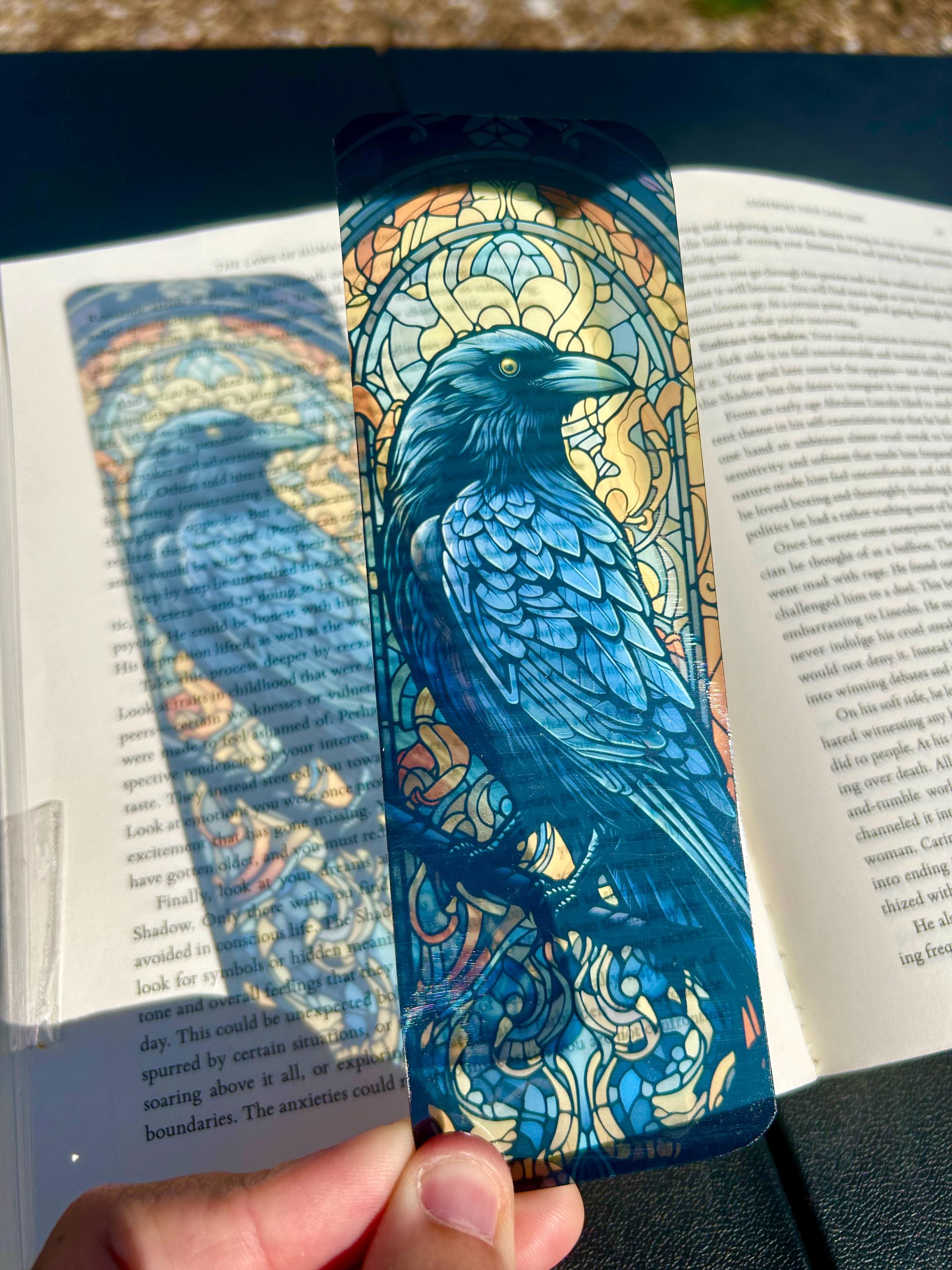 Stained Glass Crow Bookmark with Black Feathers and Stained Glass Glow – Gothic Fantasy Art for Dark Myth Lovers, Folklore Readers