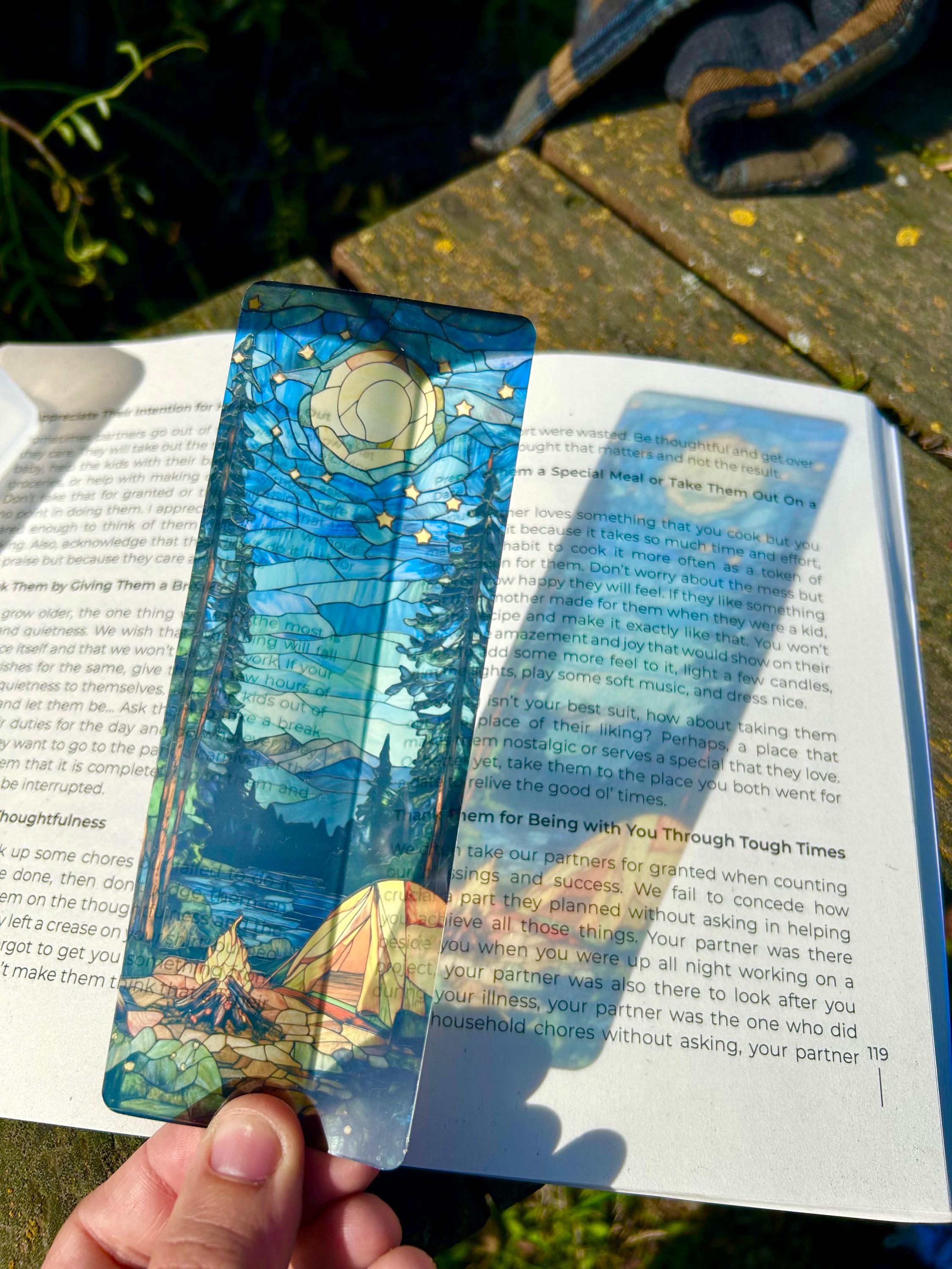 Stained Glass Camping Bookmark - Colorful Nature Design, Perfect for Outdoor Lovers, Book Lovers, and Adventurers, Unique Gift for Campers!