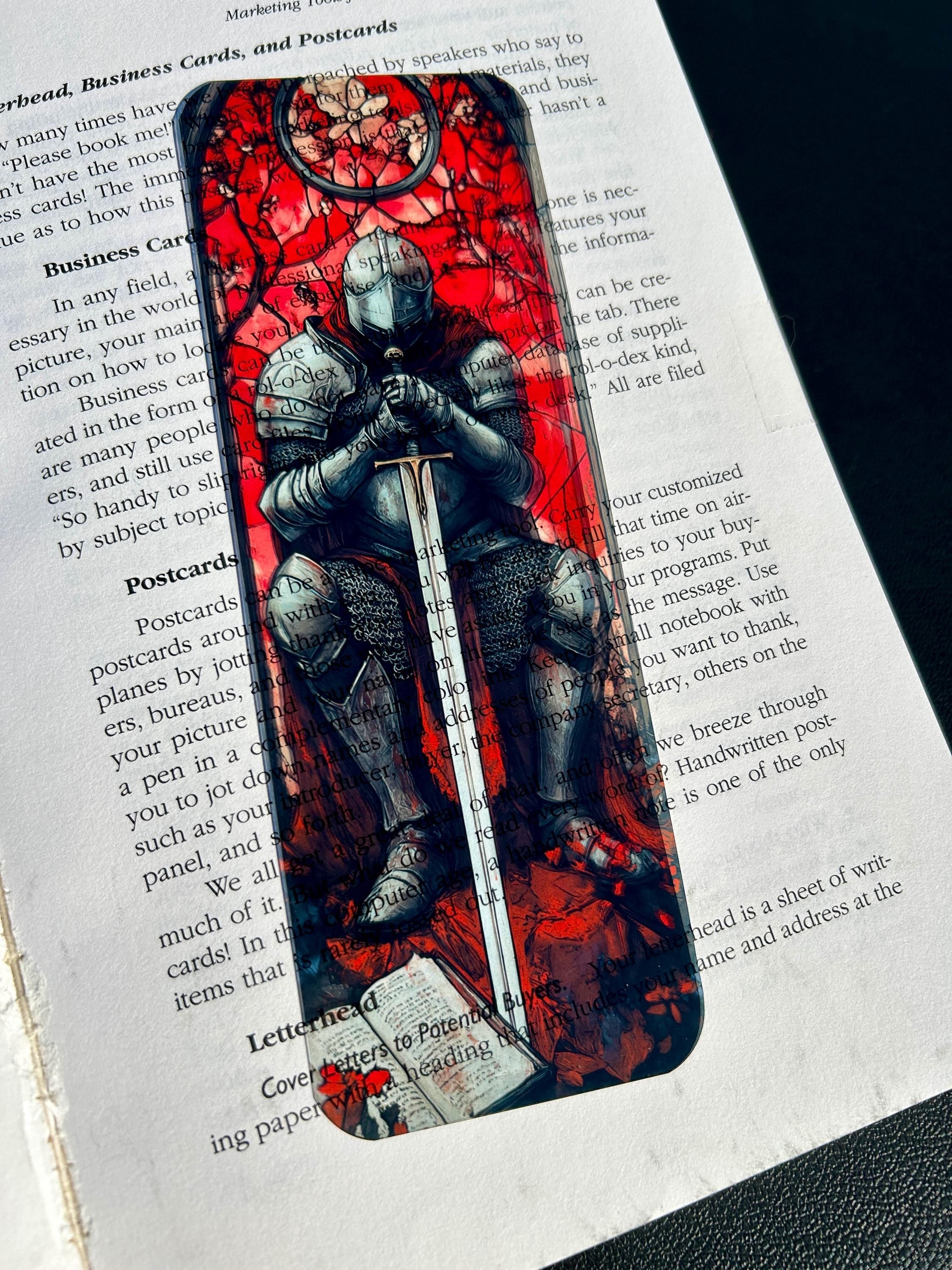 Medieval Knight Bookmark – Stained Glass Style Warrior Kneeling with Sword | Bookmark For Men