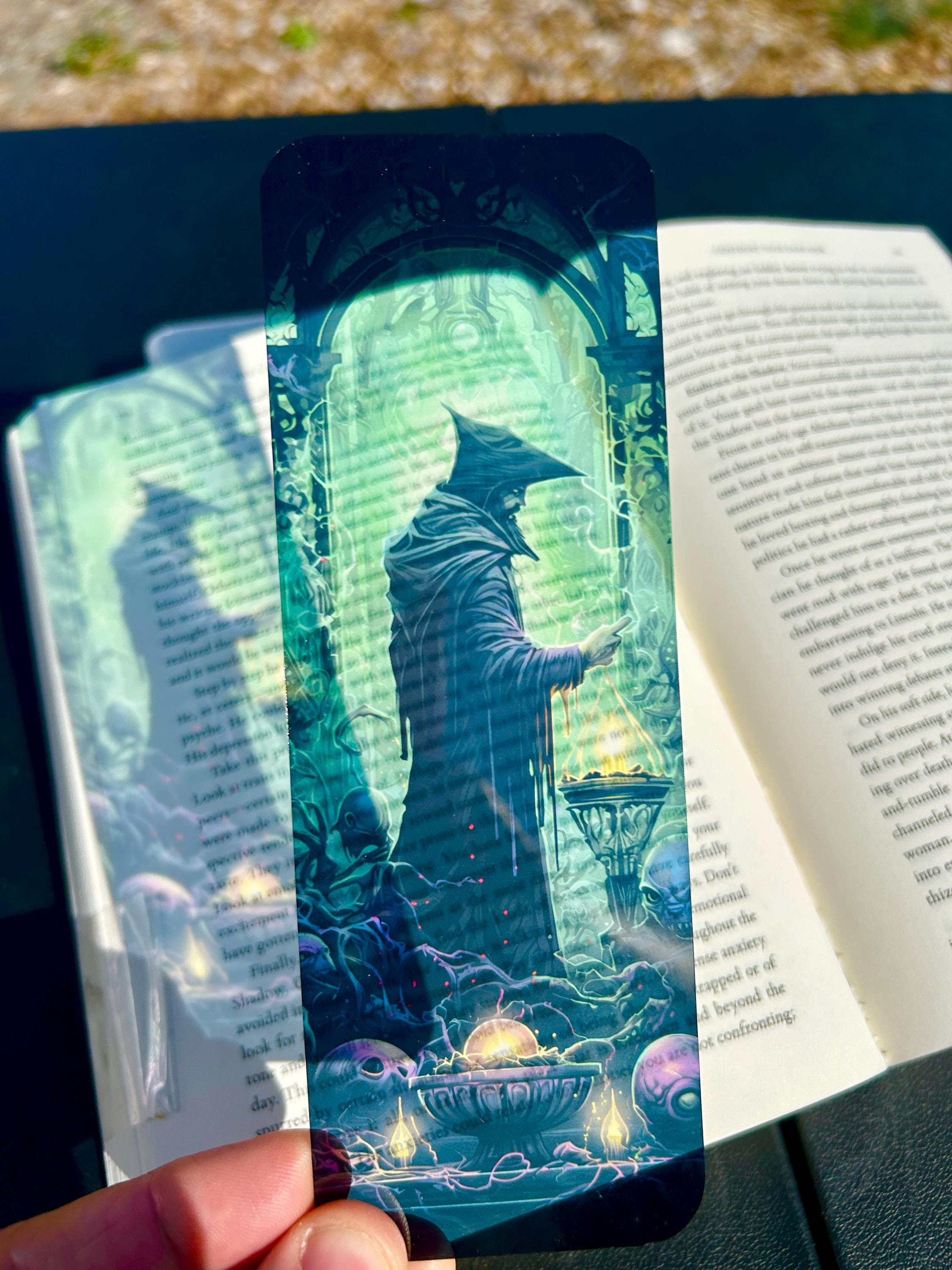 Gothic wizard bookmark with glowing green spellwork and ancient sorcery, dark fantasy art for magic lovers and book collectors