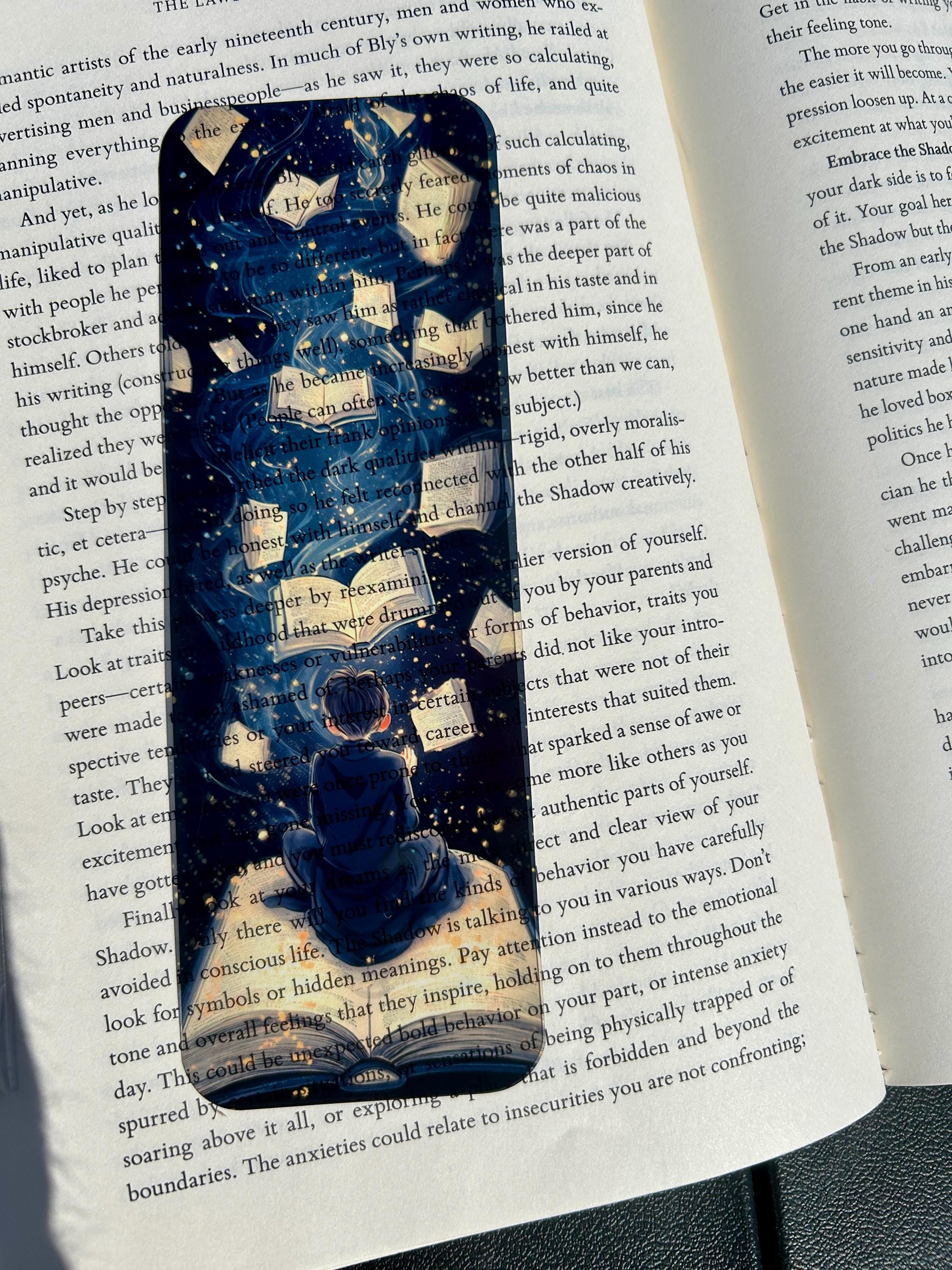 Magical bookmark of apprentice with glowing books floating in starry sky — perfect for fantasy lovers, dreamers, and bookworms