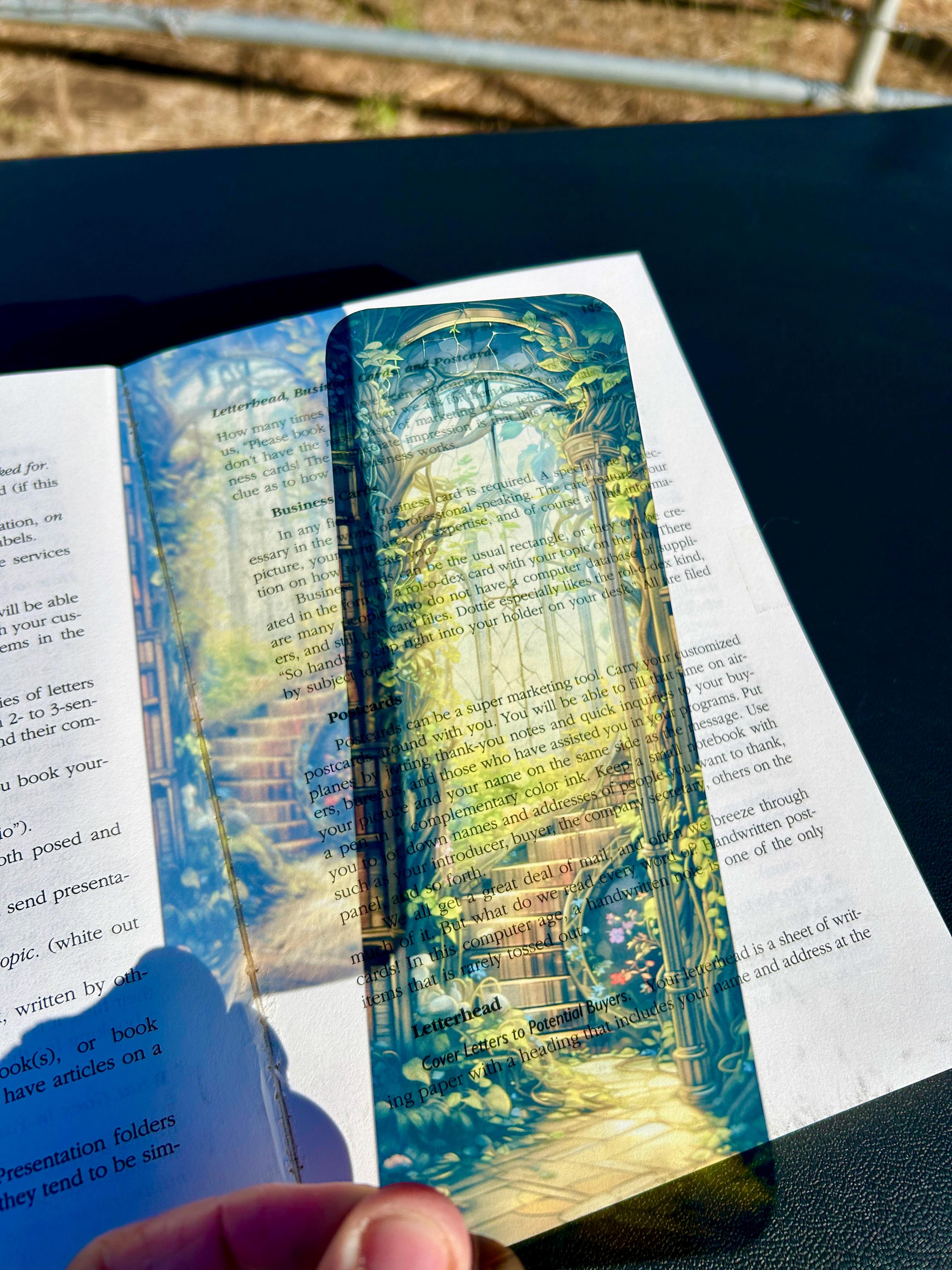 Library Staircase Bookmark – Golden Stained Glass, Ivy-Covered Steps, and Sunlit Gothic Window for Dreamy Readers
