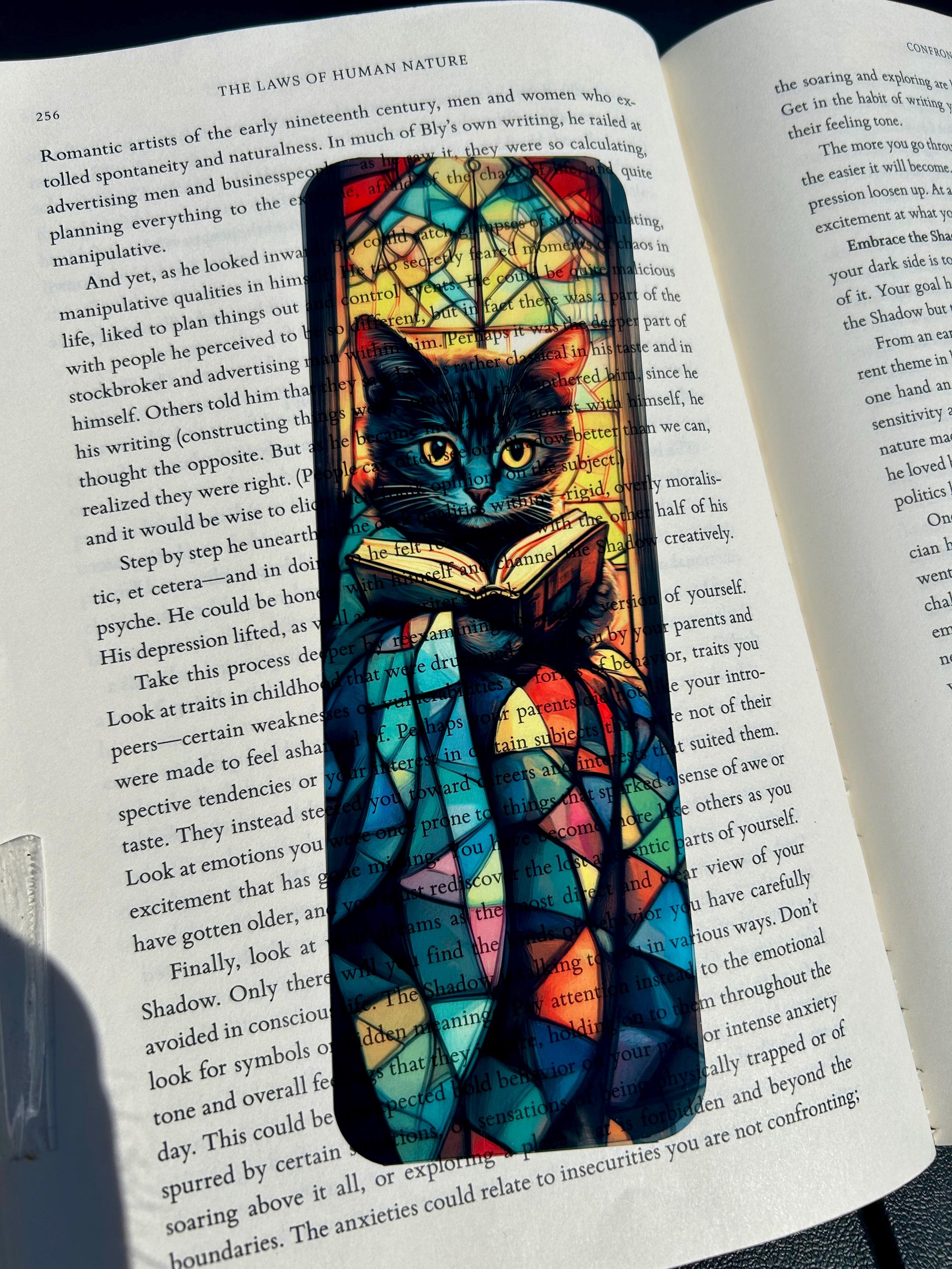 Cozy Black Cat Reading Bookmark with Stained Glass Quilt and Golden Window Glow – Warm Bookish Art for Night Readers, Dreamers