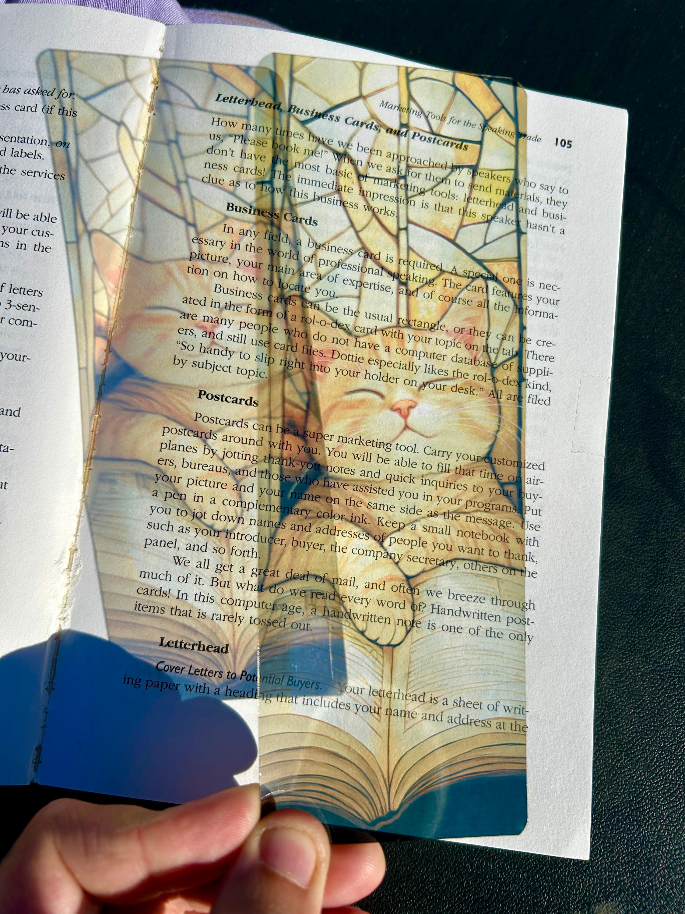 Sleeping Cat Bookmark – Cozy Lofi Kitty in Golden Window Light with Stained Glass & Book, Peaceful Nap Time Vibes