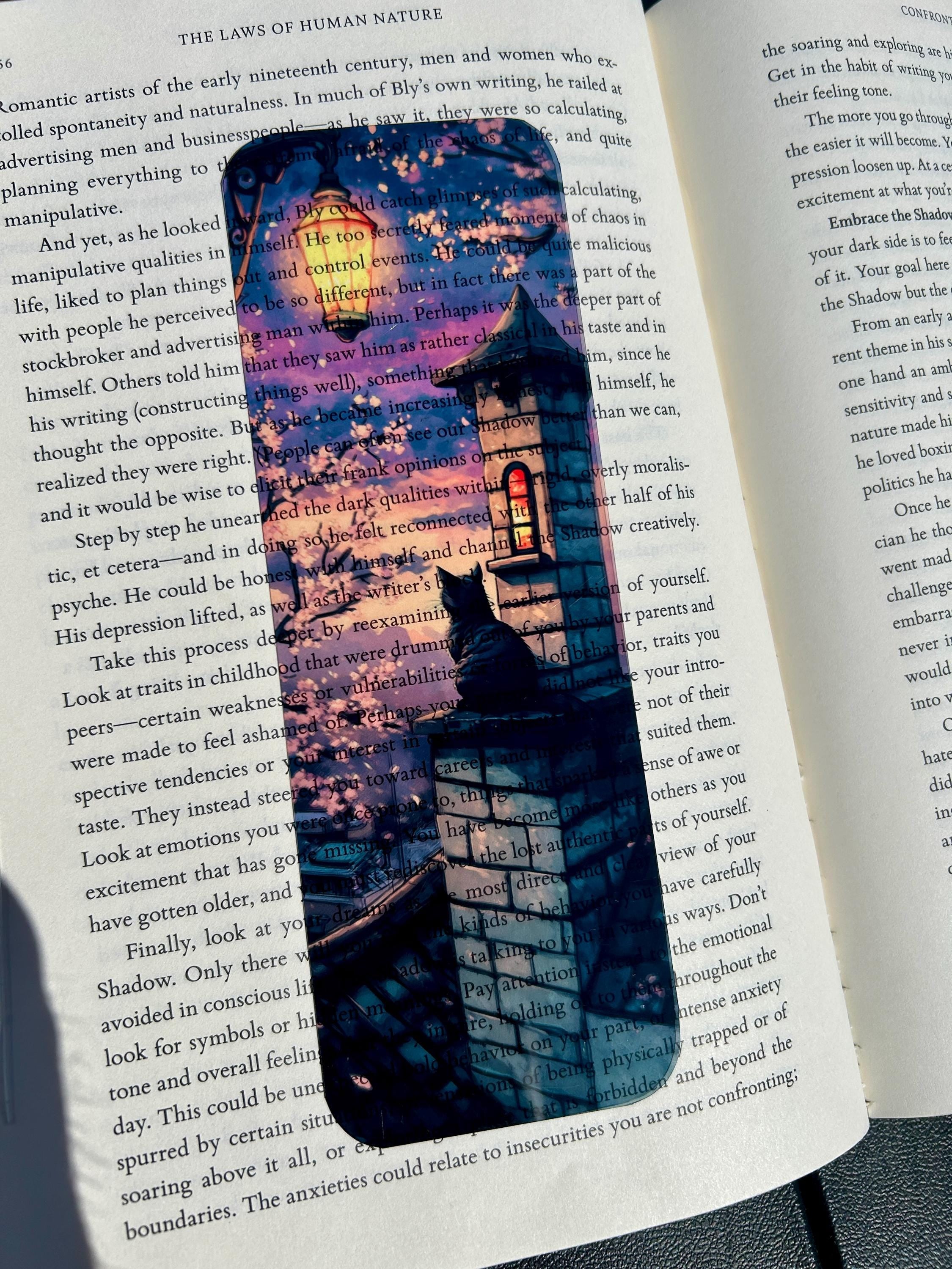 Midnight Rooftop Cat Bookmark with Cherry Blossoms and Lantern Glow – Stained Glass Fantasy Art
