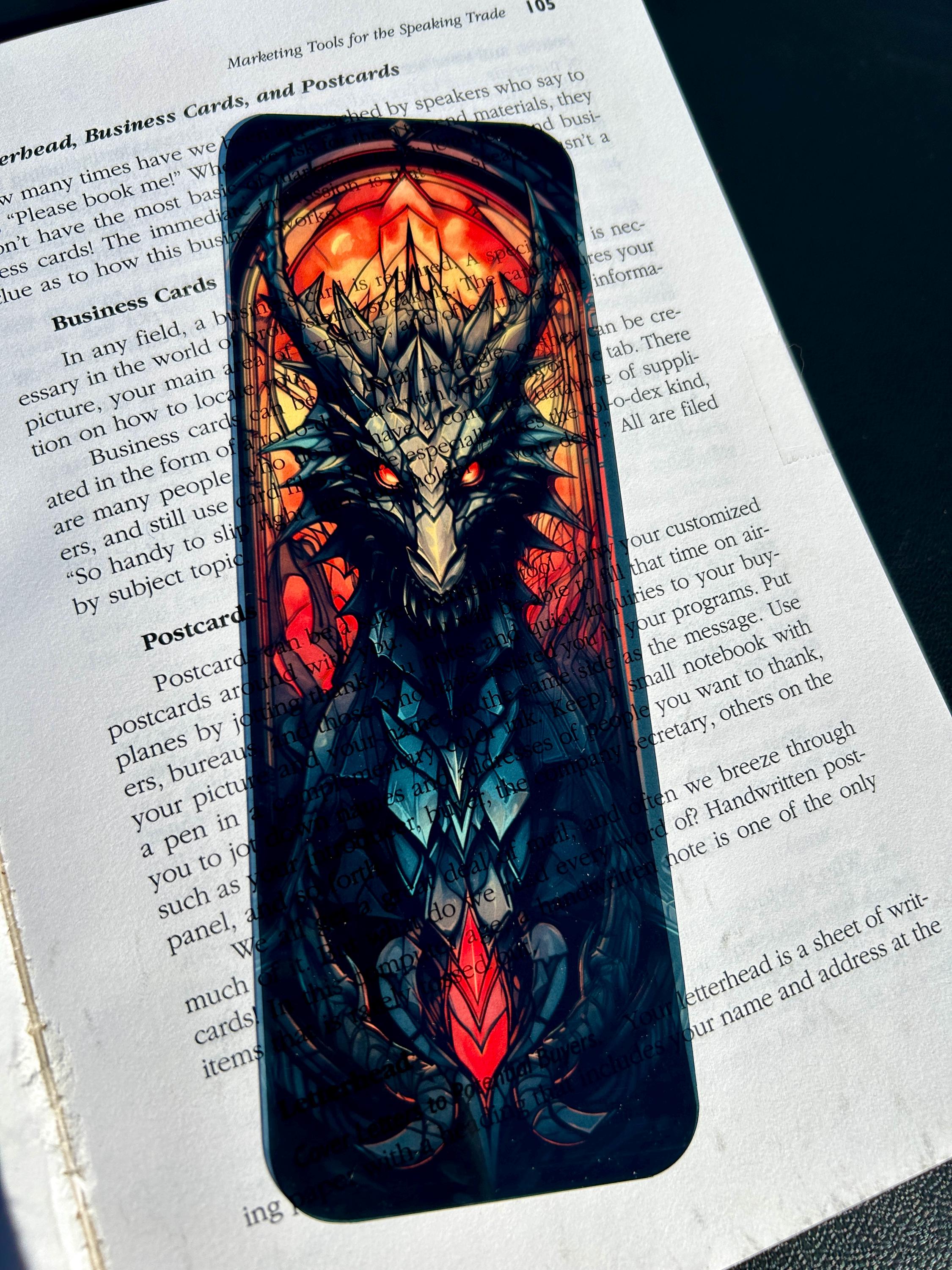 HELL Dragon Bookmark – Fiery Stained Glass Design for Fantasy Book Lovers, Dark Gothic Dragon Art Bookmark Gift for Readers