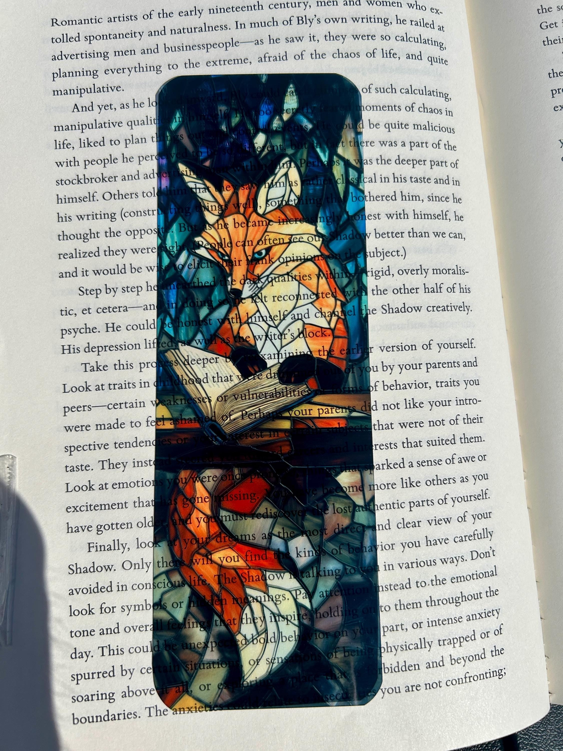 Wise Fox Bookmark with Stained Glass Forest and Open Book – Luminous Fantasy Art Celebrating Knowledge, the Sacred Power of Reading