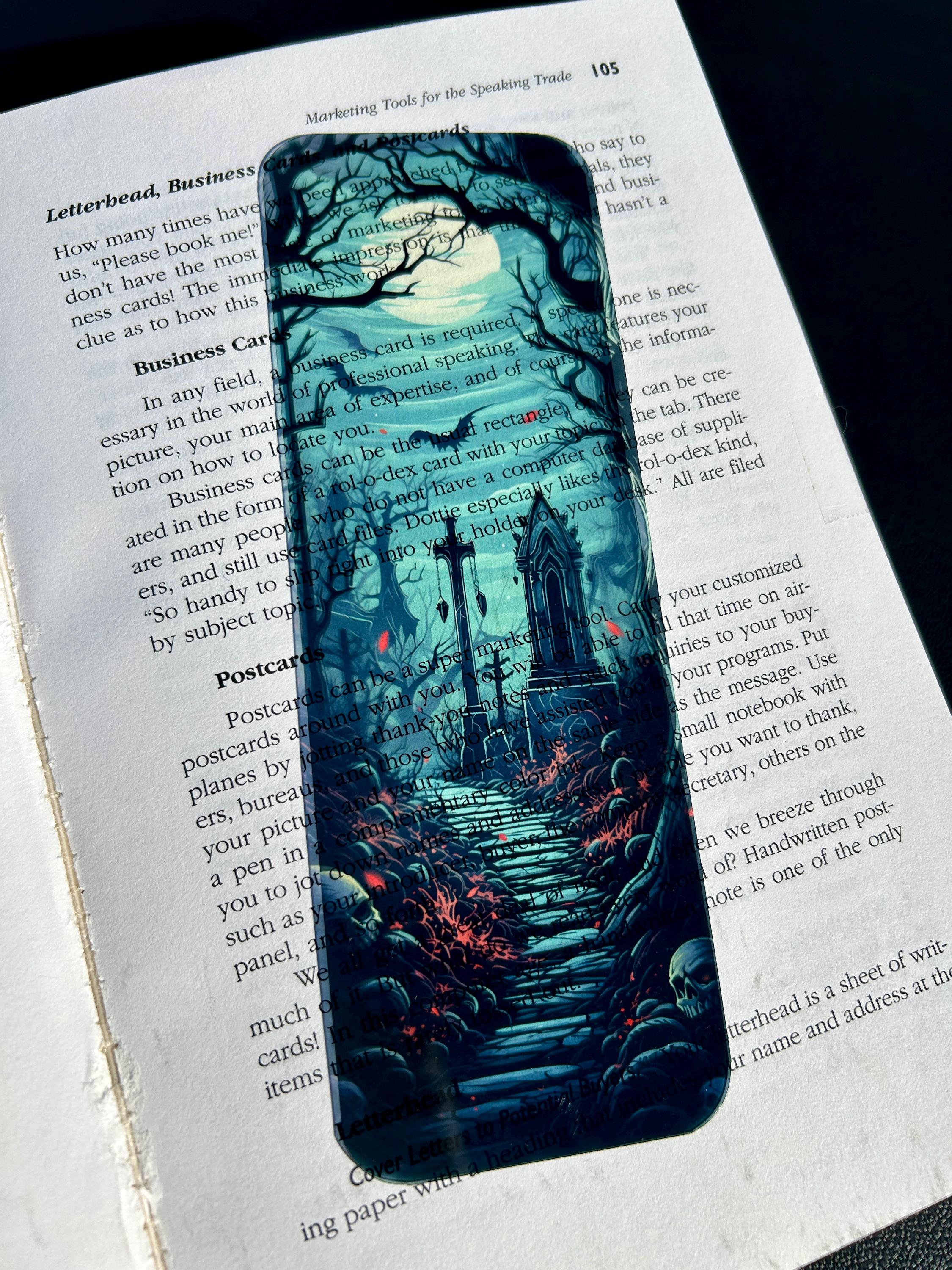 Moonlit Graveyard Bookmark – Gothic Tombstone Path with Bats & Skulls | Spooky Halloween Reader Gift