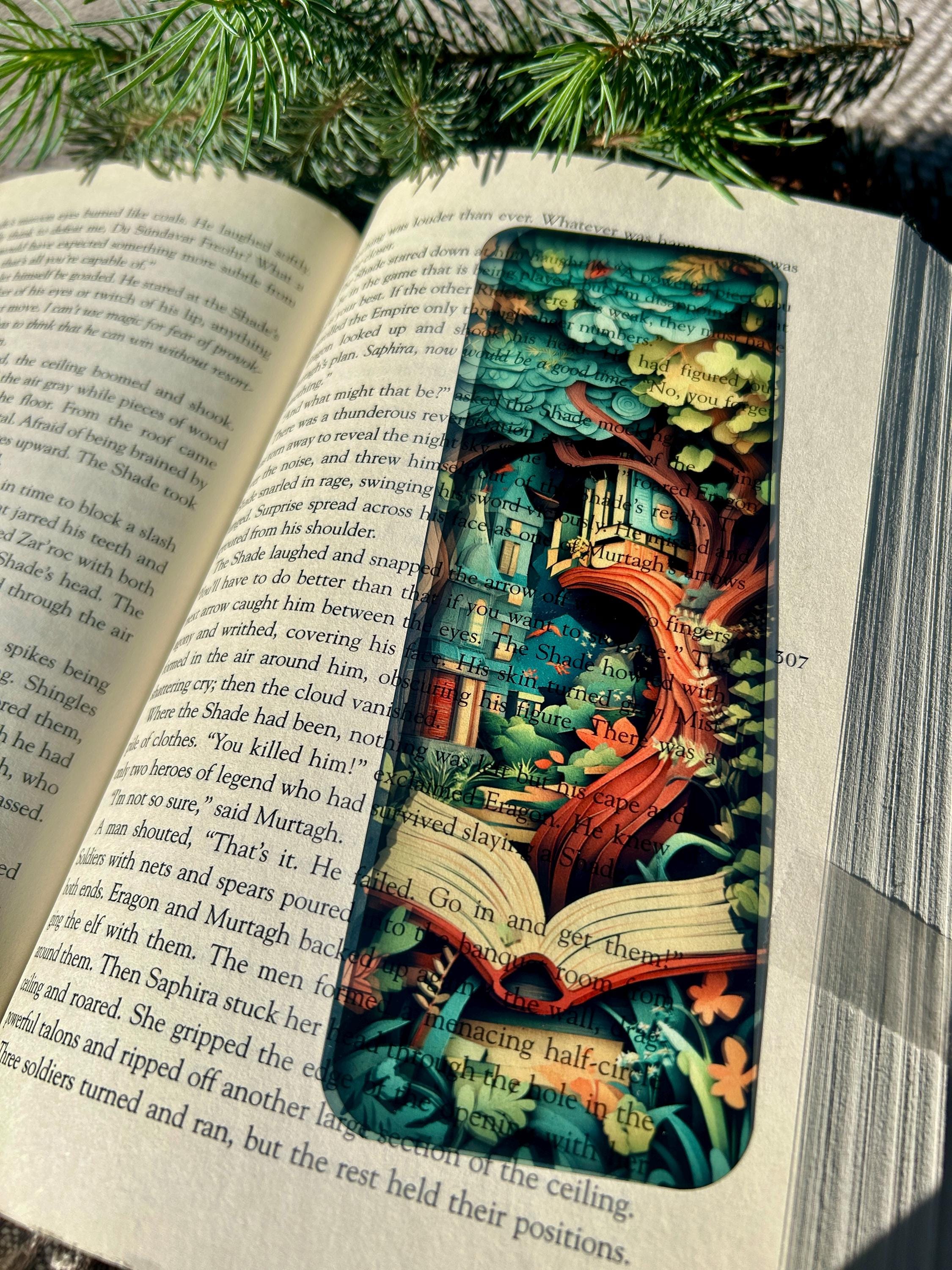Storybook Treehouse Transparent Bookmark – Enchanted Forest Design with Open Book and Fantasy Scene for Book Lovers & Readers