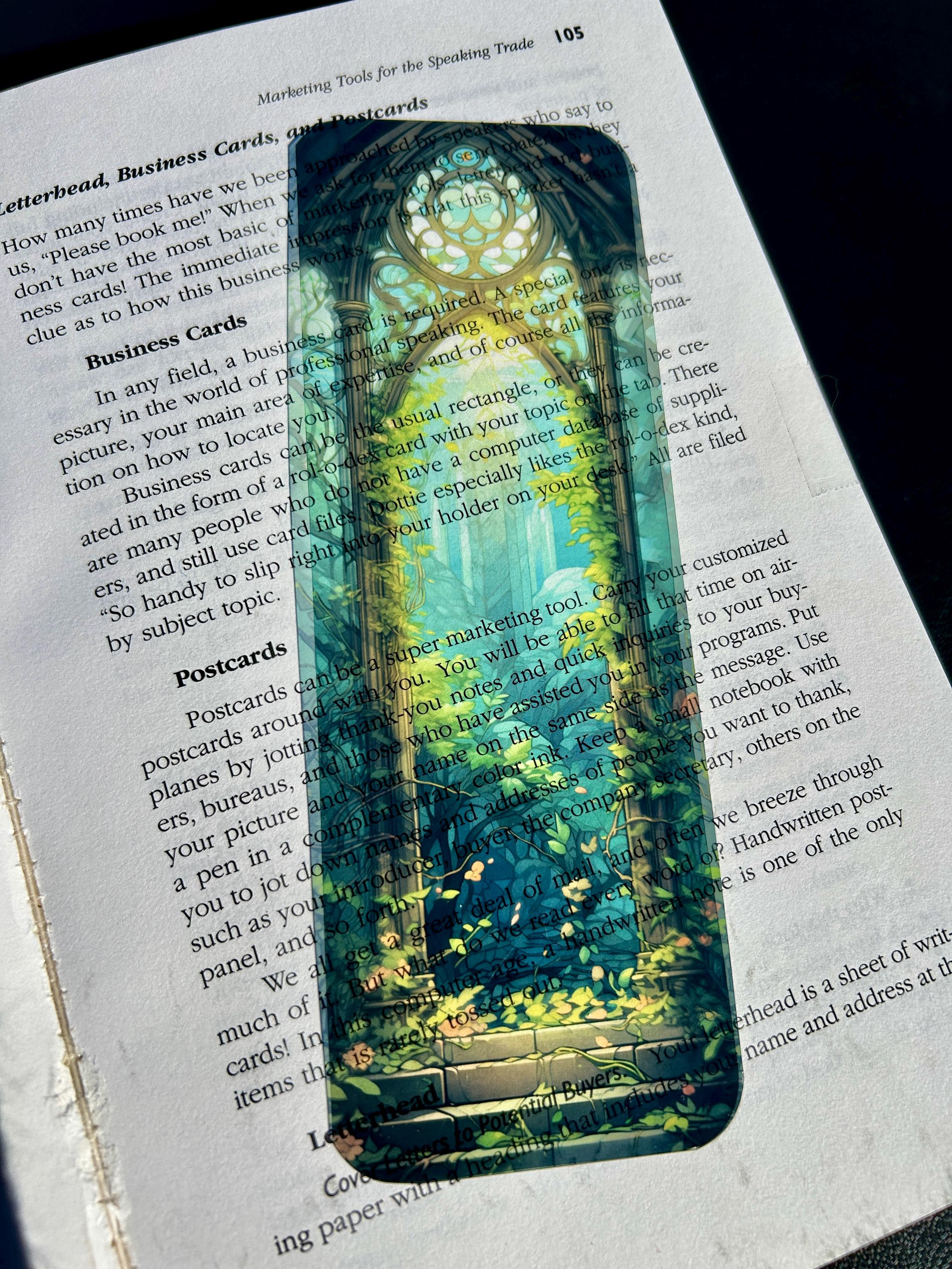 Cathedral Garden Bookmark – Stained Glass Archway with Ivy, Sunlight, and Mystical Forest Path