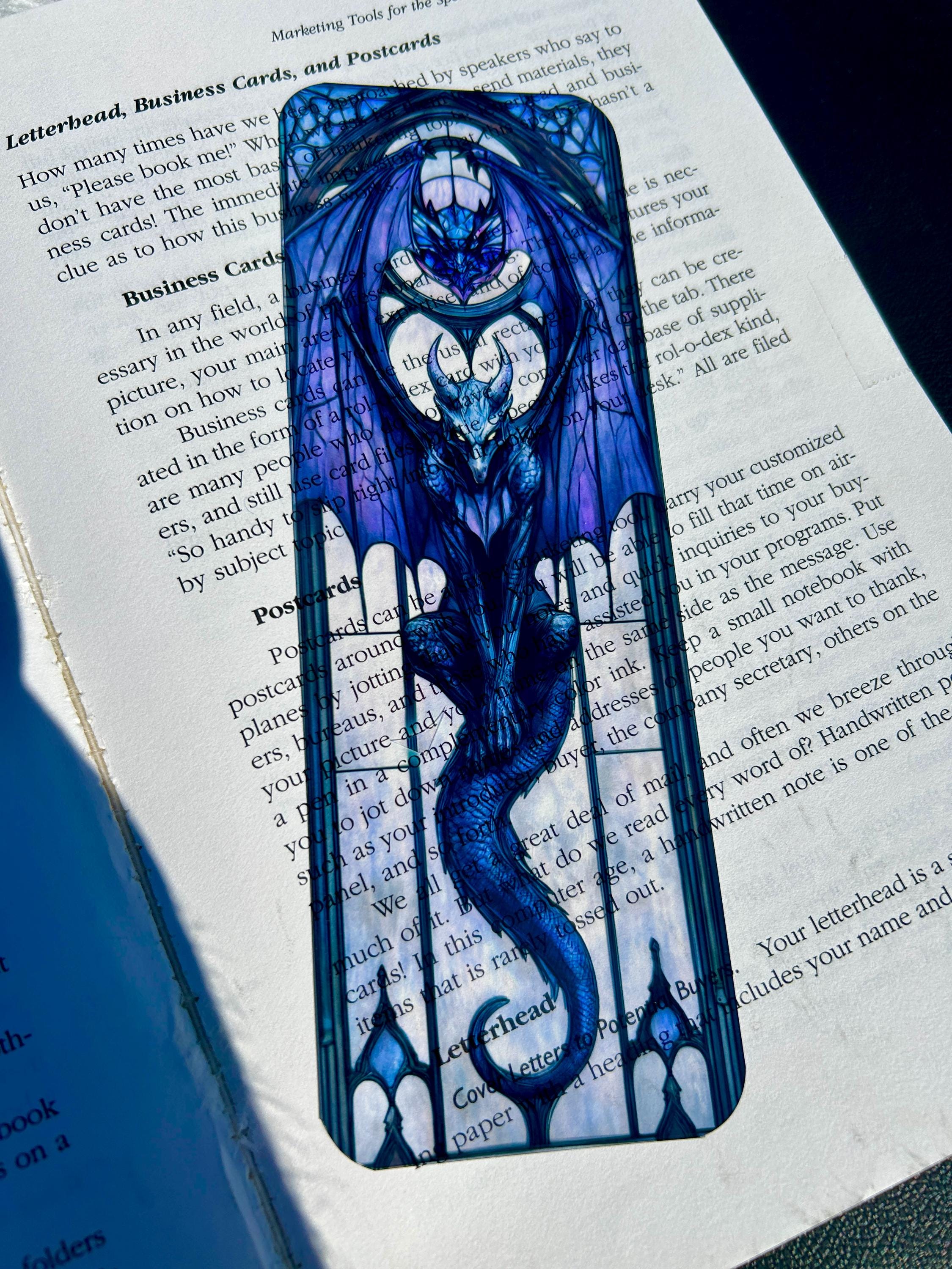 Gargoyle Stained Glass Bookmark with Open Wings and Stormy Grays – Gothic Fantasy Art for Dark Academia Fans, Mythic Readers