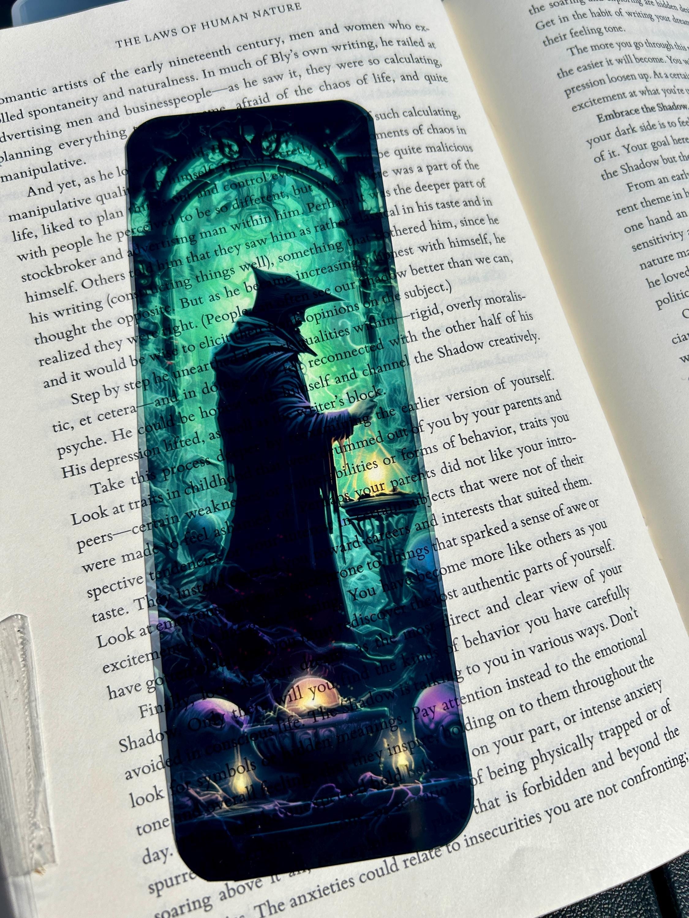 Gothic wizard bookmark with glowing green spellwork and ancient sorcery, dark fantasy art for magic lovers and book collectors