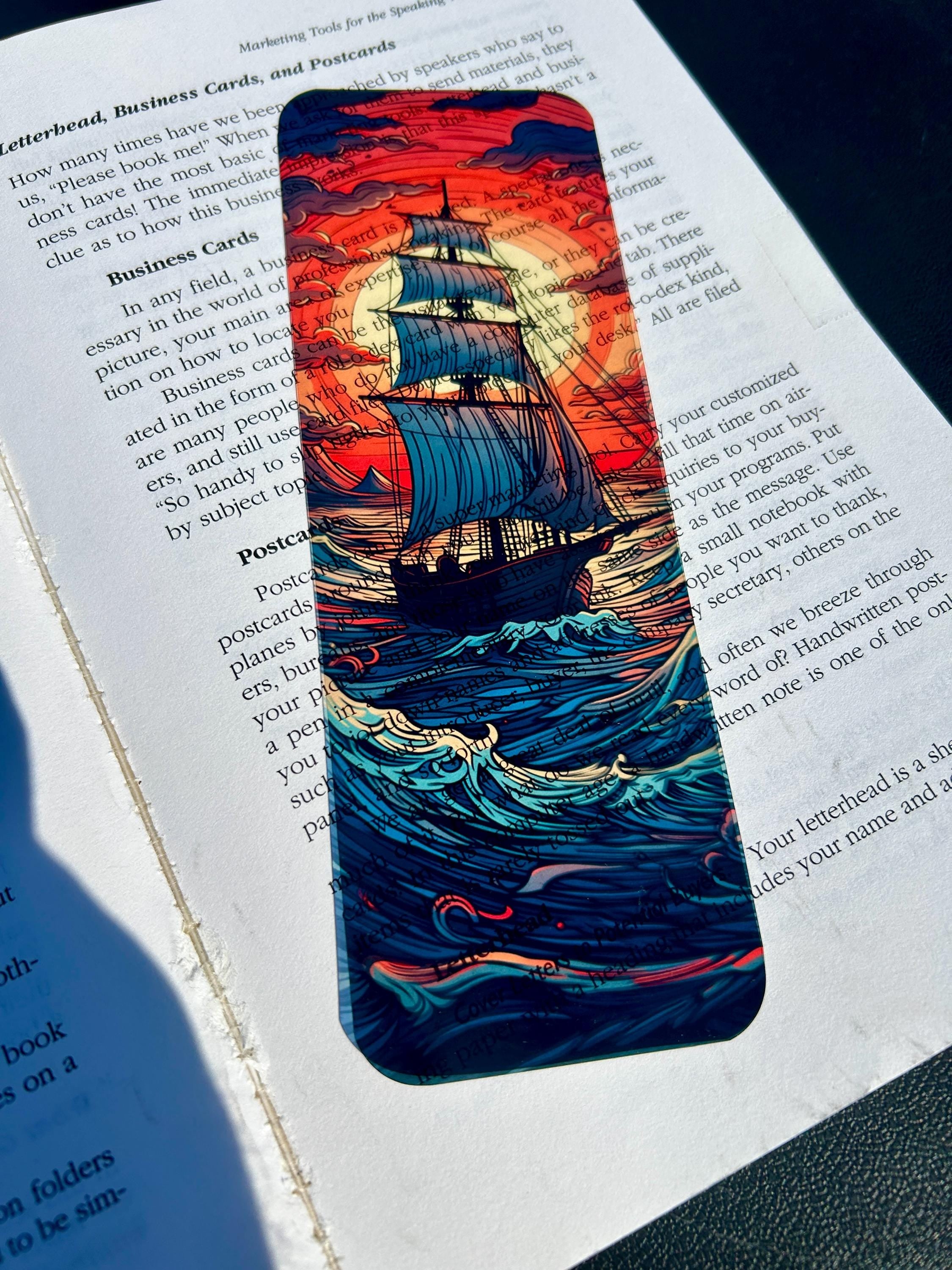 Crimson Sky Ship Bookmark | Nautical Ocean Fantasy Bookmarks for Readers | Sunset Sea Book Marker | Bold Adventure Gift Idea for Book Lovers