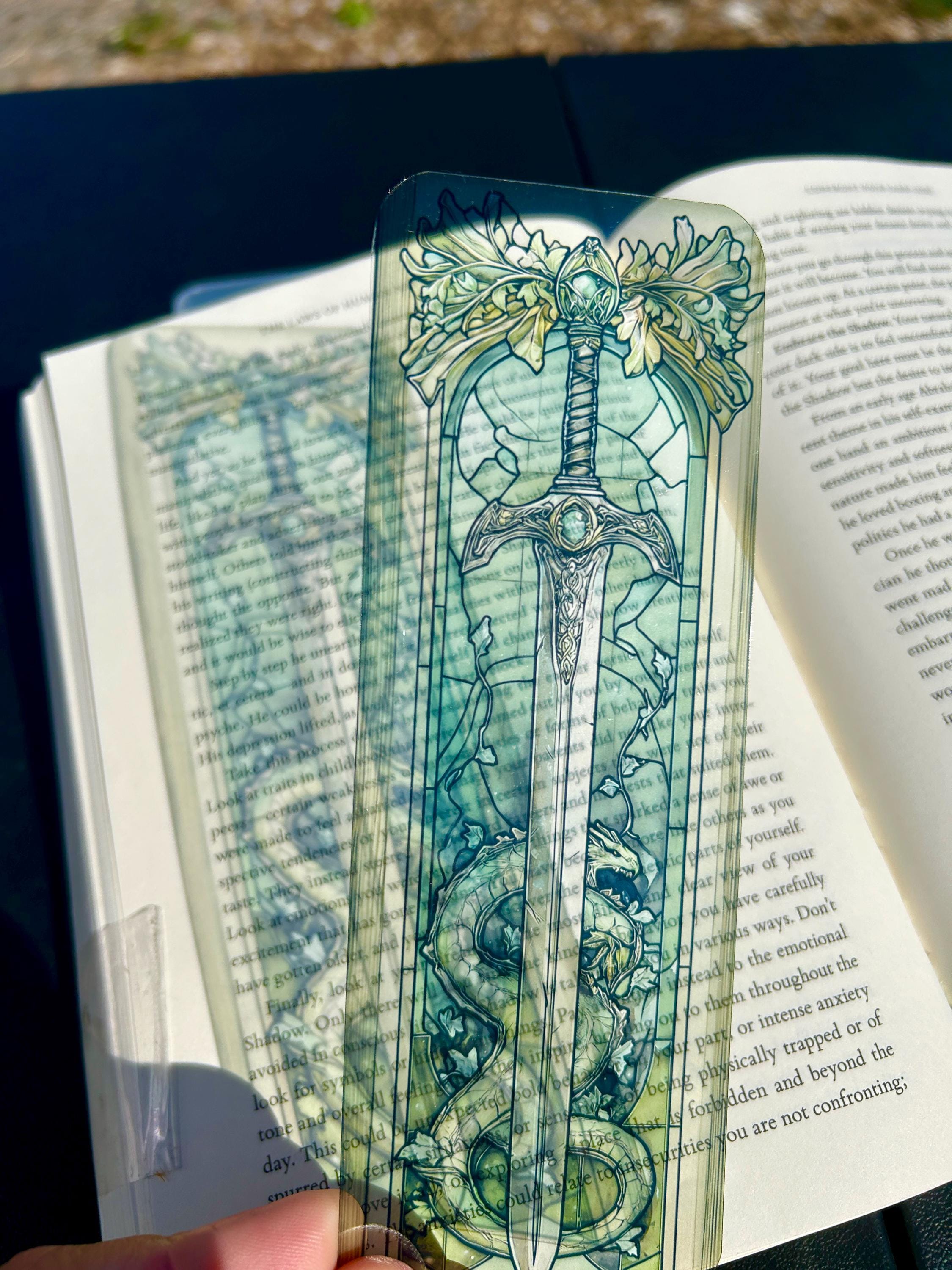 Fantasy Sword & Dragon Bookmark,Stained Glass Medieval Design in Emerald Tones, Epic Gift for Fantasy Readers, Medieval Bookmark