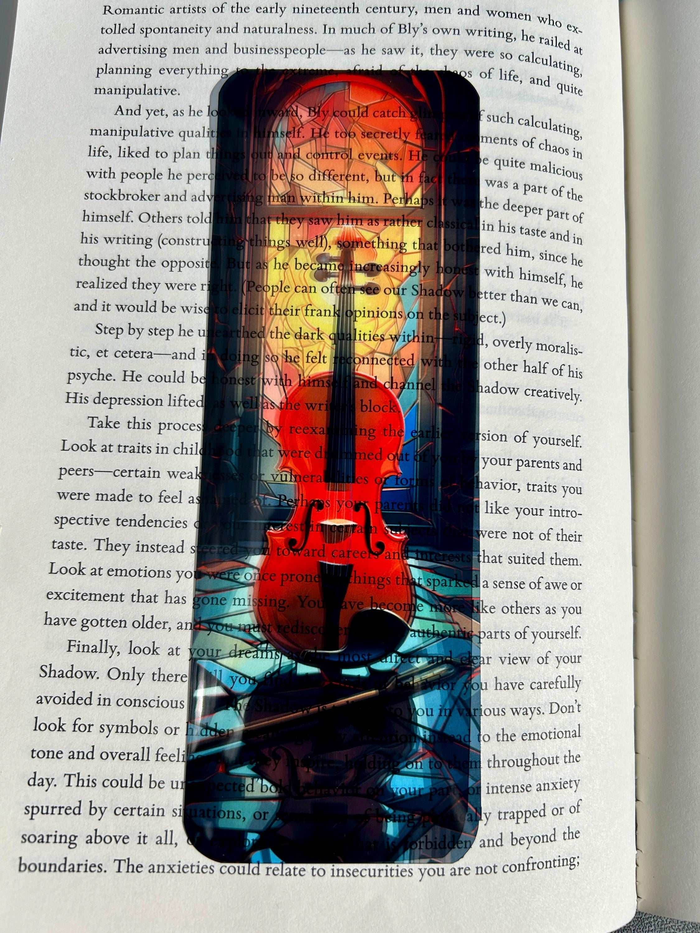 Stained Glass Violin Bookmark with Vibrant Fantasy Art – Glossy Laminated Music Lover Bookmark, Classical Instrument Gift for Bookworms