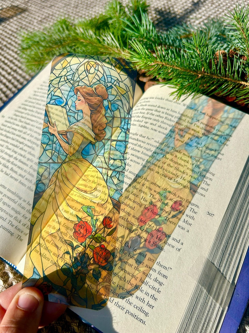 Stained Glass Belle and Roses Bookmark – Beauty And The Beast Elegant Princess Belle Bookmark with Stained Glass Rose Garden Design