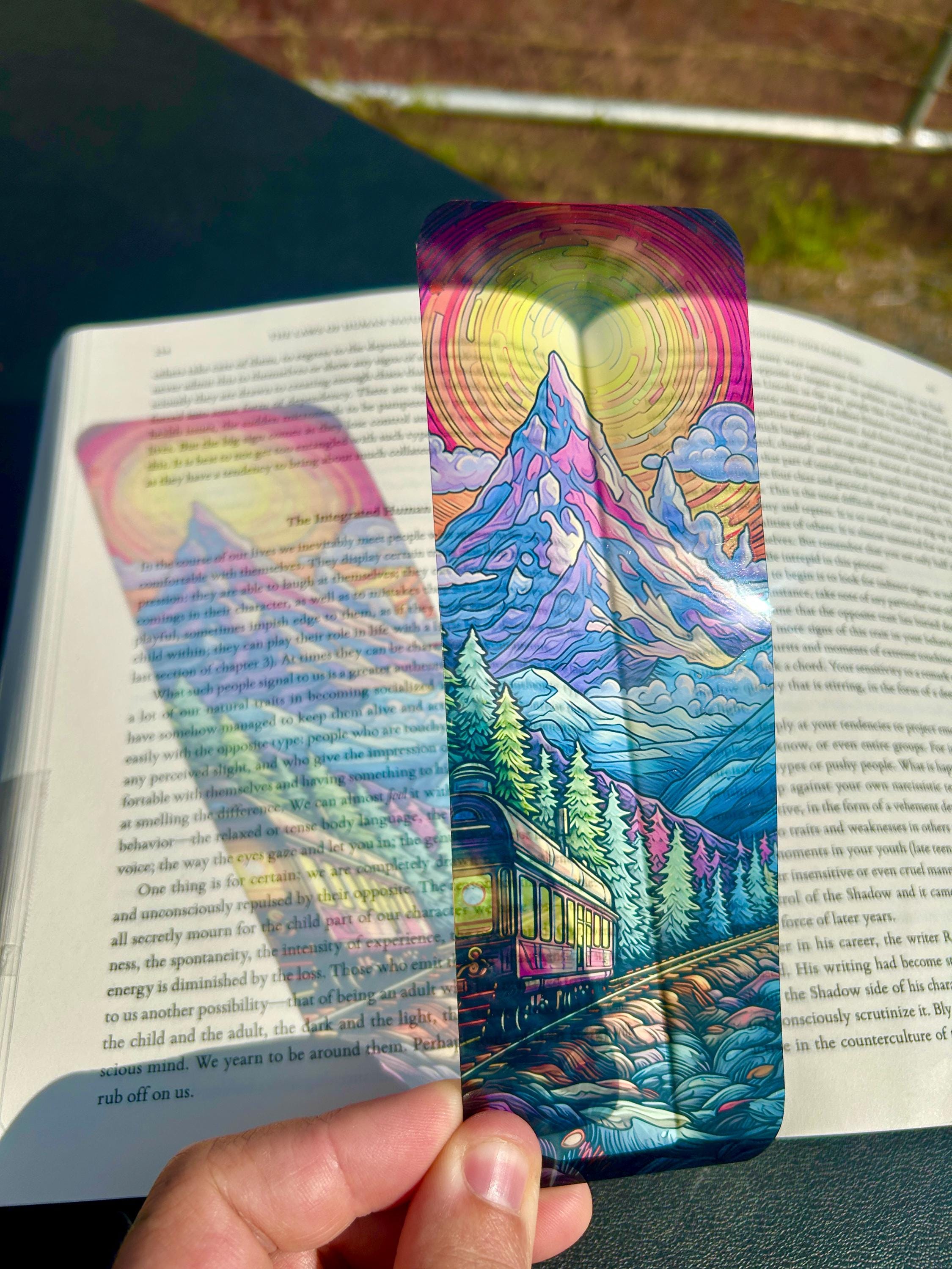 Stained Glass Train Ride Bookmark Vibrant Mountain Journey, Scenic Sunset Gift for Book Lovers