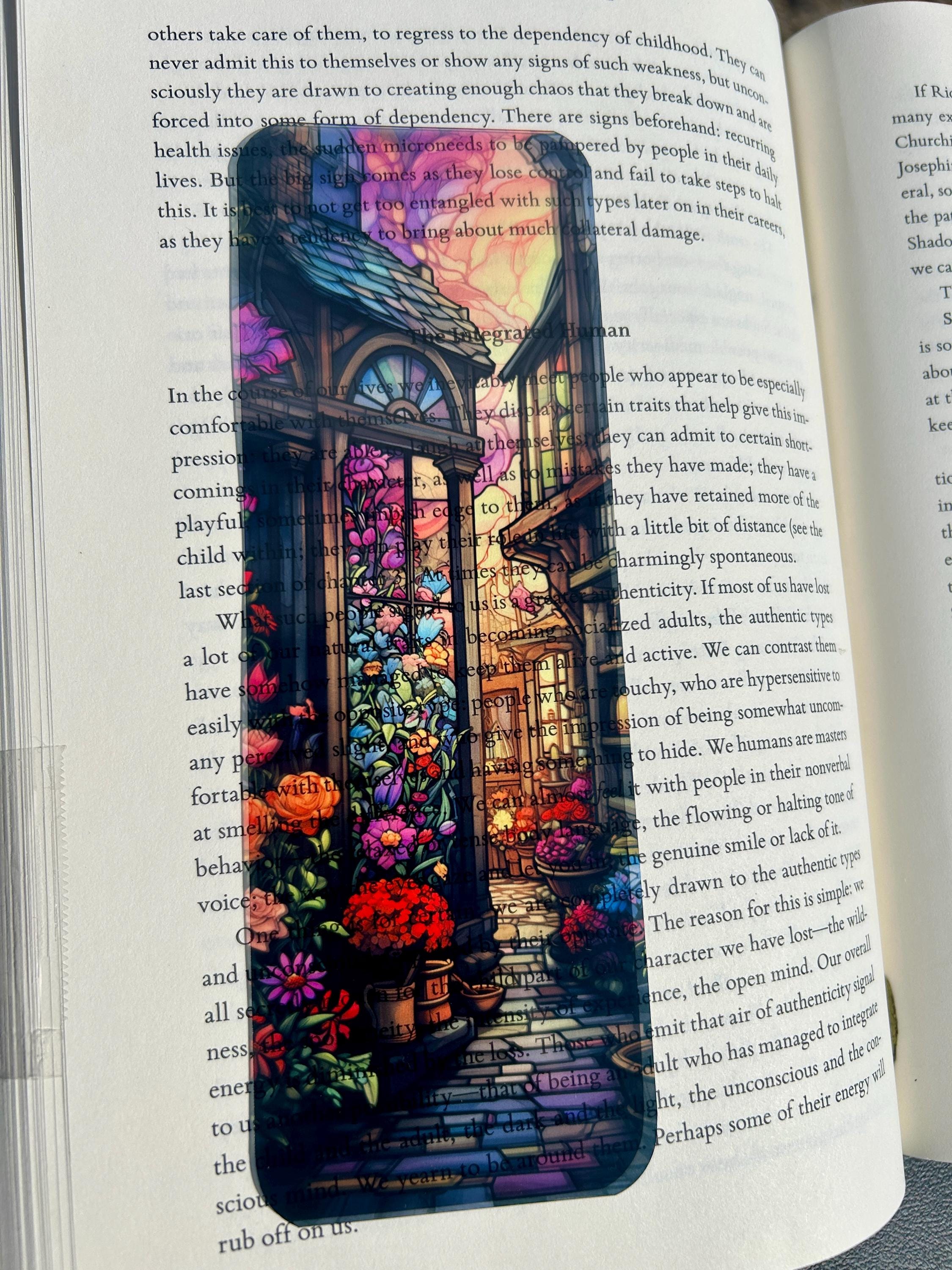 Flower Shop Bookmark, Stained Glass Street Scene with Sunset Glow, Cozy Floral Market Gift for Book Lovers, Floral Bookmark