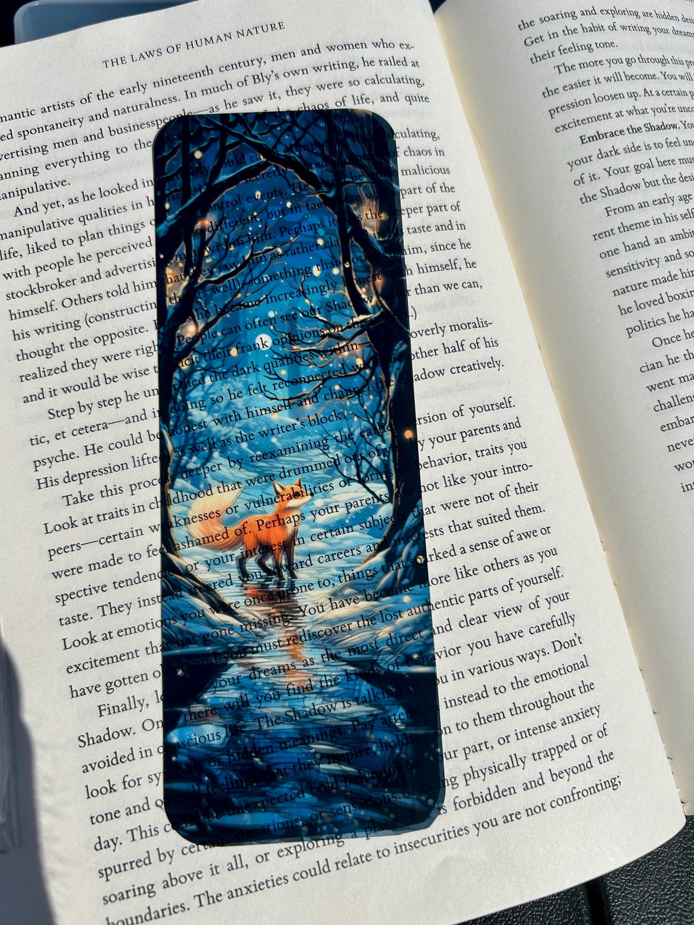 Fox in snowy forest bookmark starlit winter scene with glowing trees and soft snow, magical woodland gift