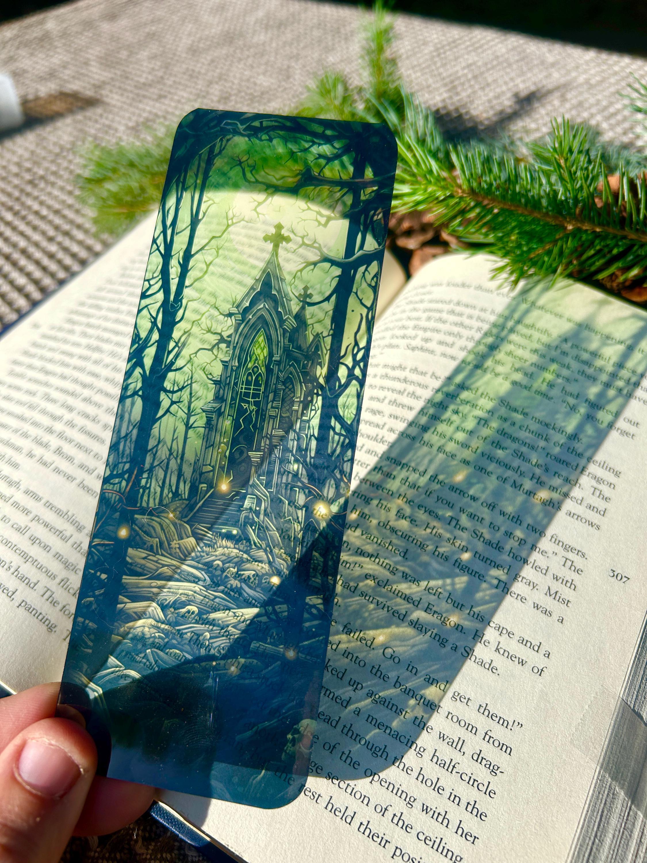 Gothic Cathedral Forest Bookmark Dark Fantasy Transparent Bookmark with Skull Path, Spooky Chapel, and Eerie Green Glow
