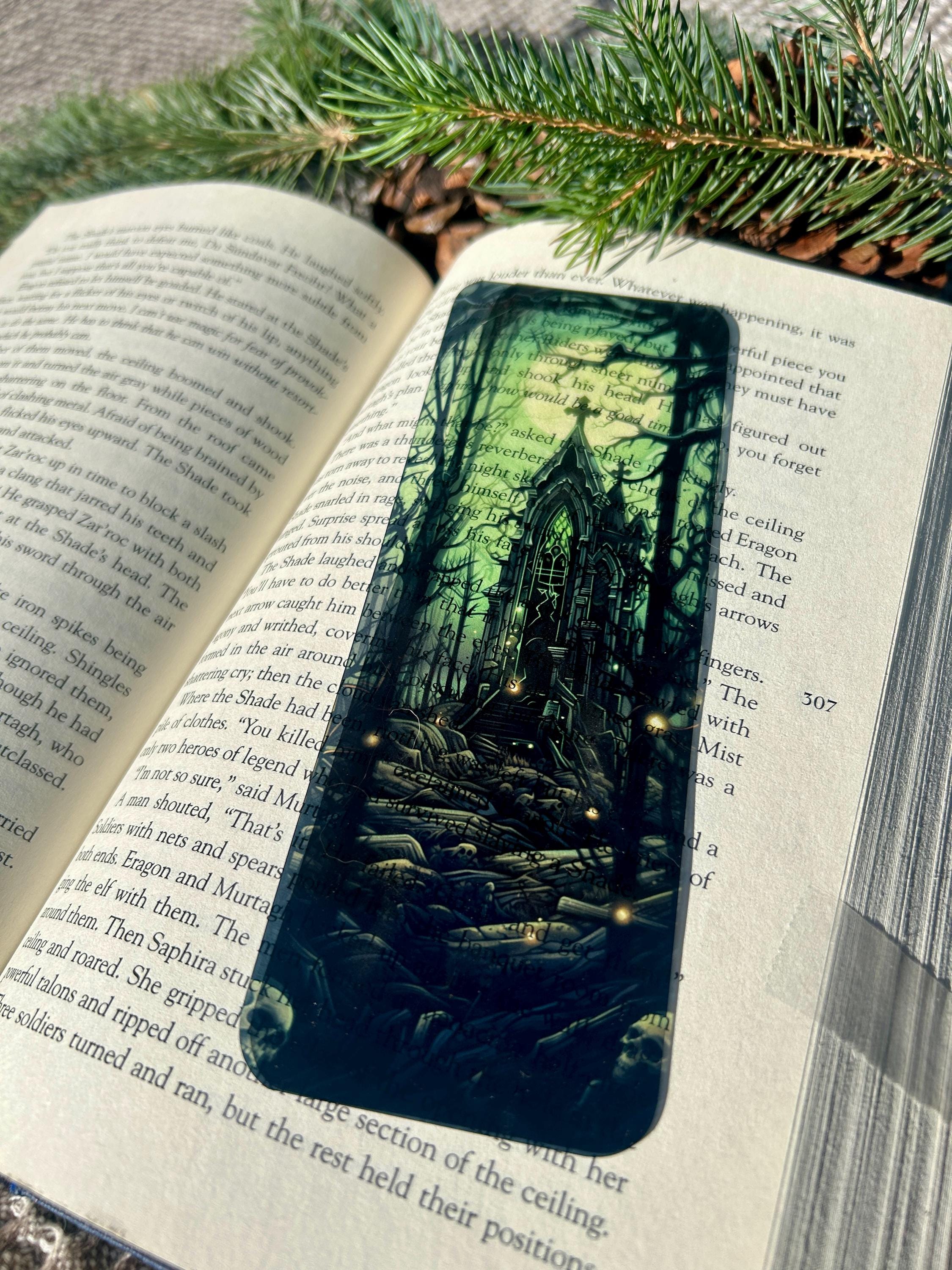 Gothic Cathedral Forest Bookmark Dark Fantasy Transparent Bookmark with Skull Path, Spooky Chapel, and Eerie Green Glow