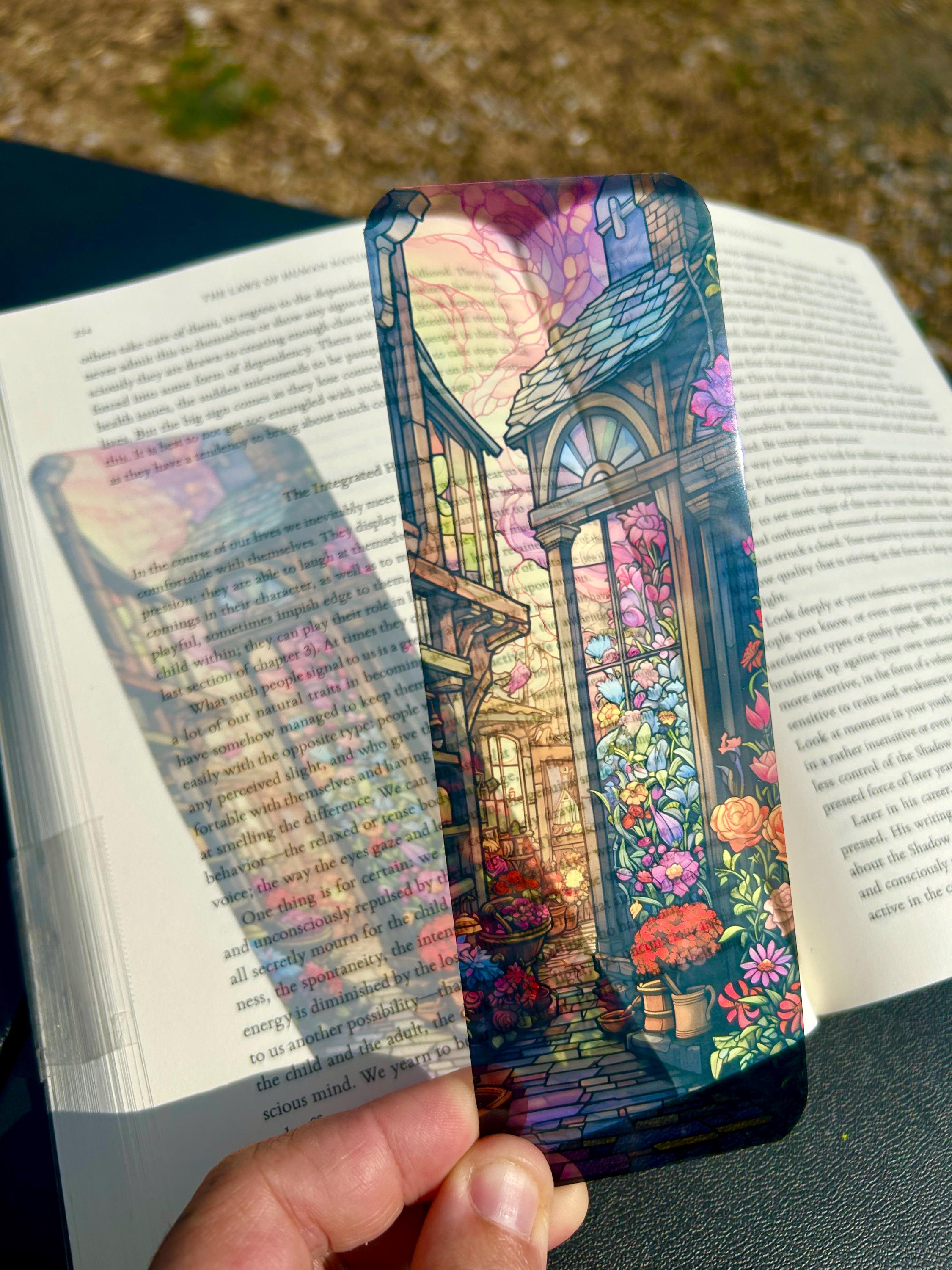 Flower Shop Bookmark, Stained Glass Street Scene with Sunset Glow, Cozy Floral Market Gift for Book Lovers, Floral Bookmark