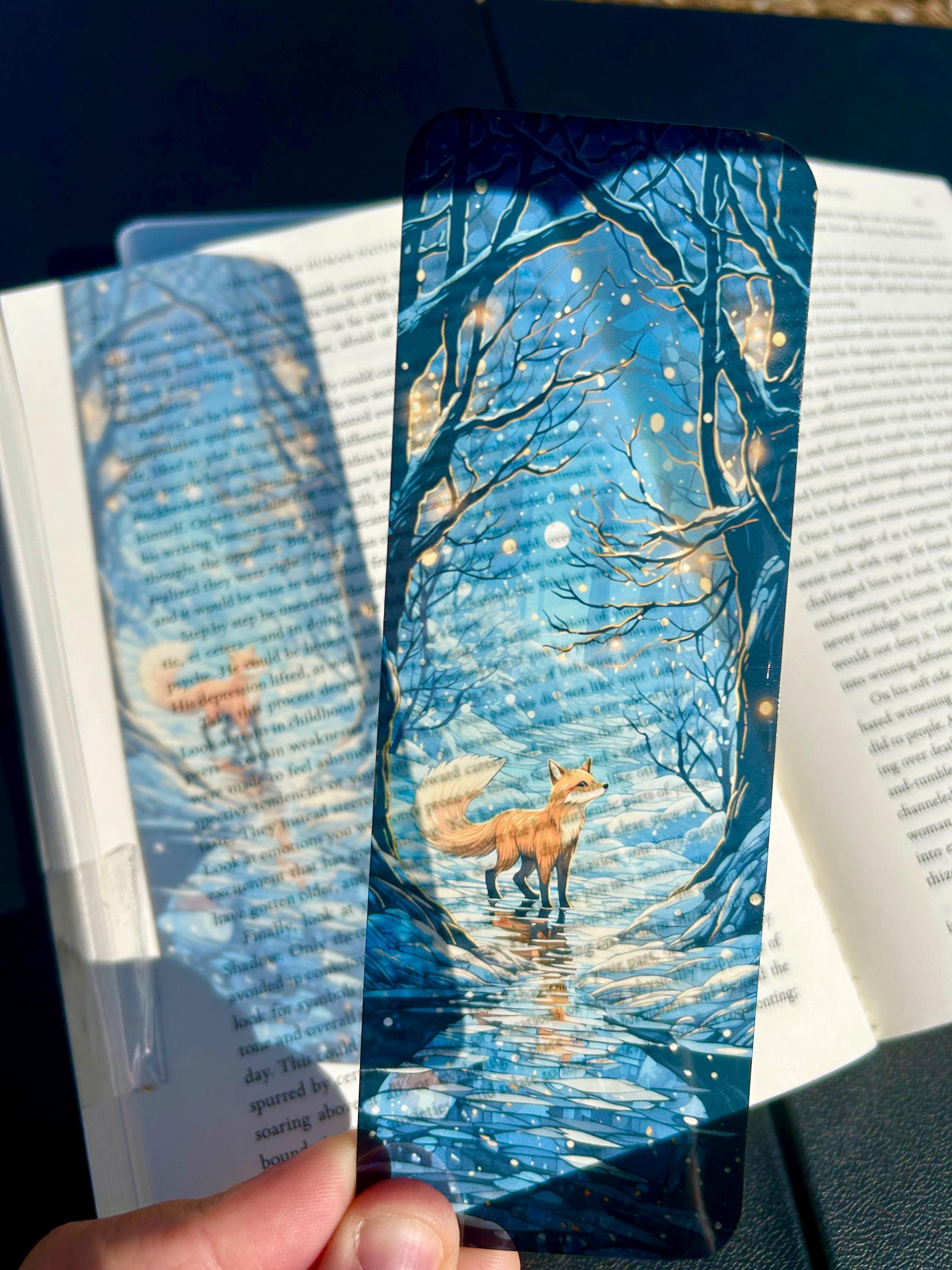 Fox in snowy forest bookmark starlit winter scene with glowing trees and soft snow, magical woodland gift