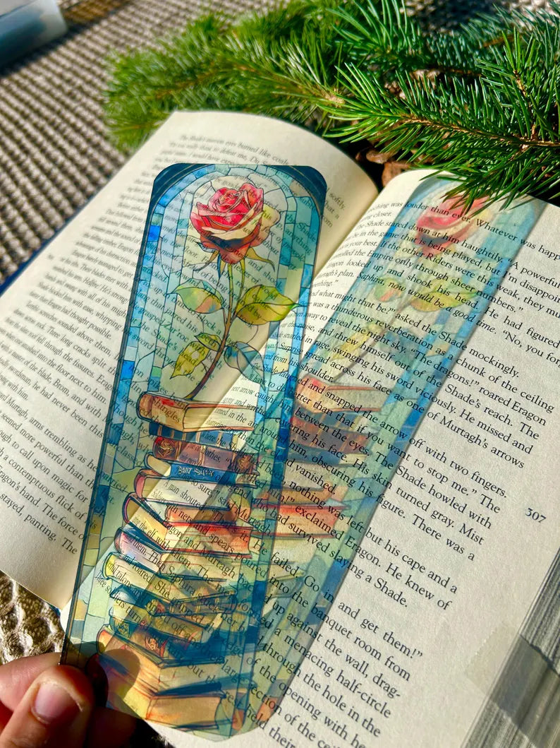Whimsical Stained Glass Rose And Book Stack Bookmark – Fairytale-Inspired Transparent Bookmark for Book Lovers, Readers & Bibliophiles