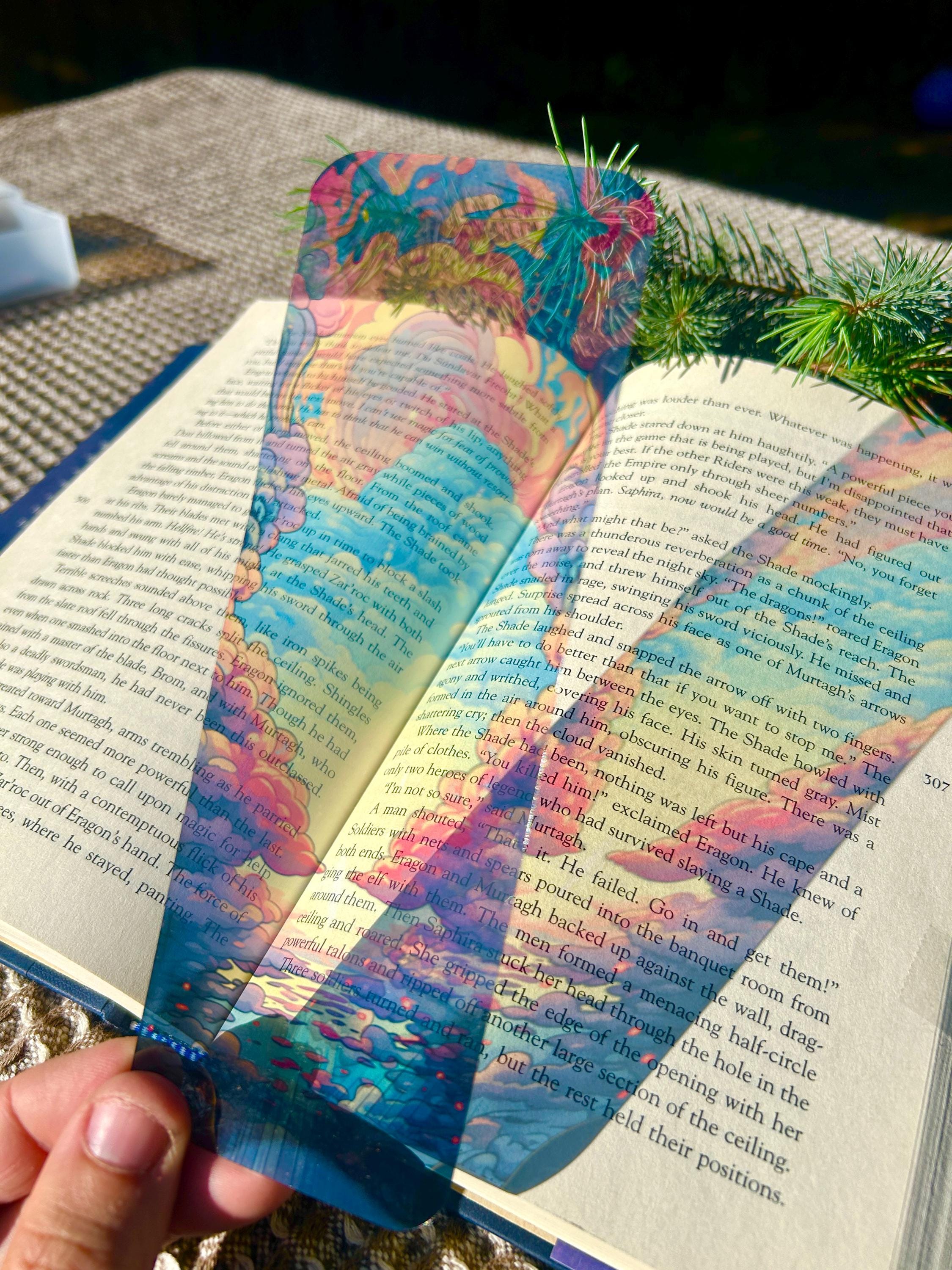 Storybook Clouds Transparent Bookmark – Enchanted Sky Design with Open Book and Fantasy Scene for Book Lovers & Readers
