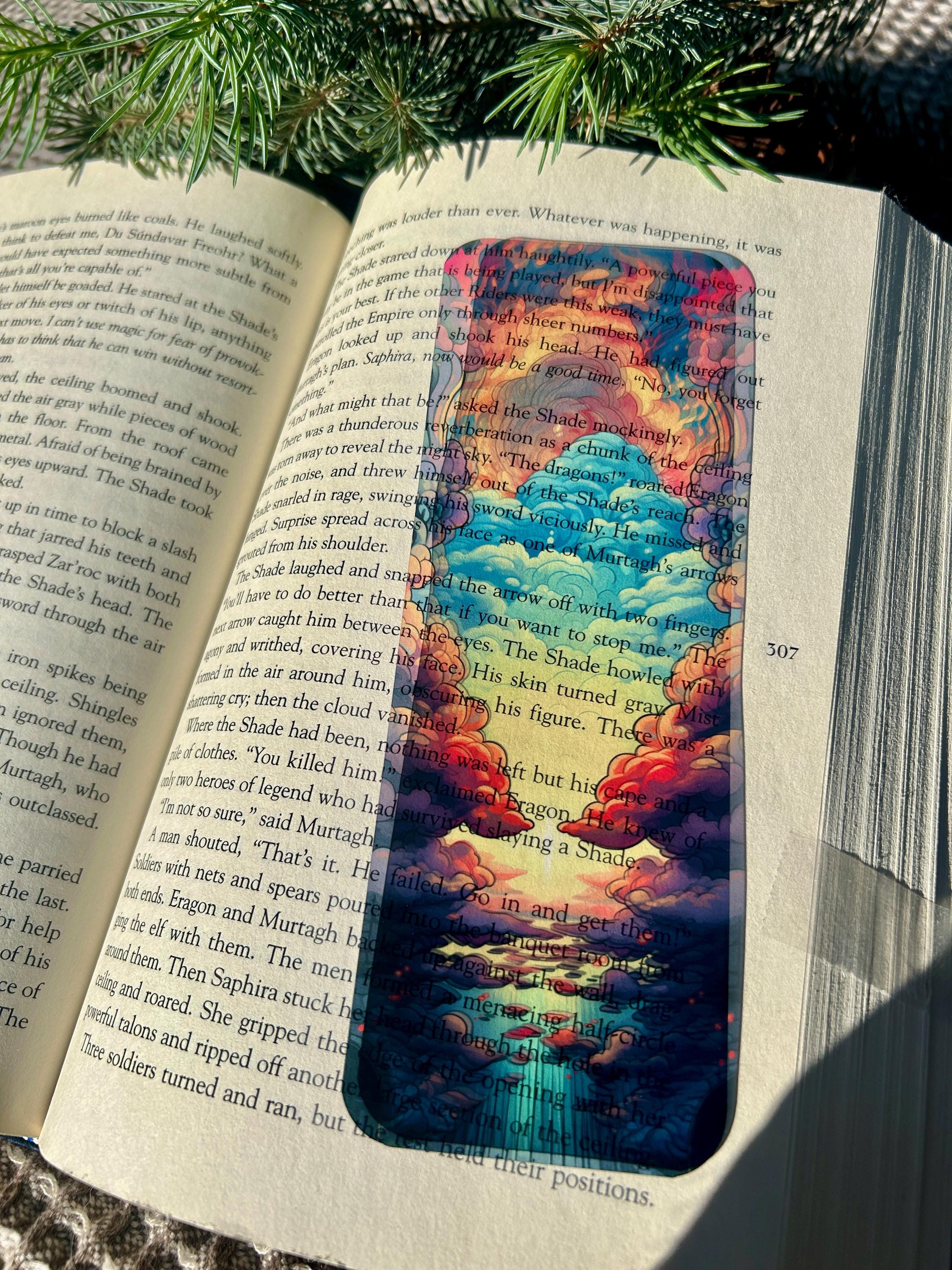 Storybook Clouds Transparent Bookmark – Enchanted Sky Design with Open Book and Fantasy Scene for Book Lovers & Readers