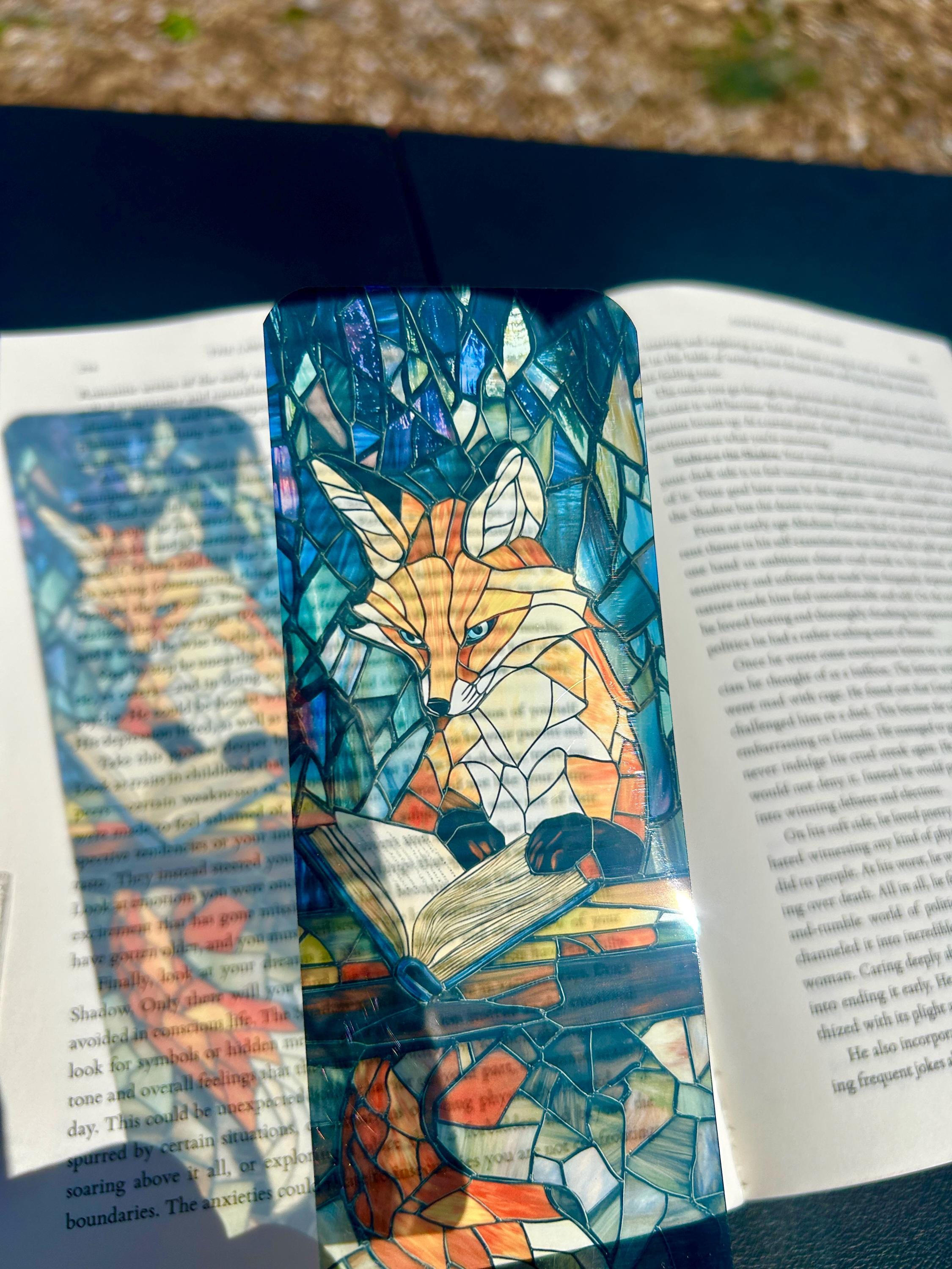 Wise Fox Bookmark with Stained Glass Forest and Open Book – Luminous Fantasy Art Celebrating Knowledge, the Sacred Power of Reading
