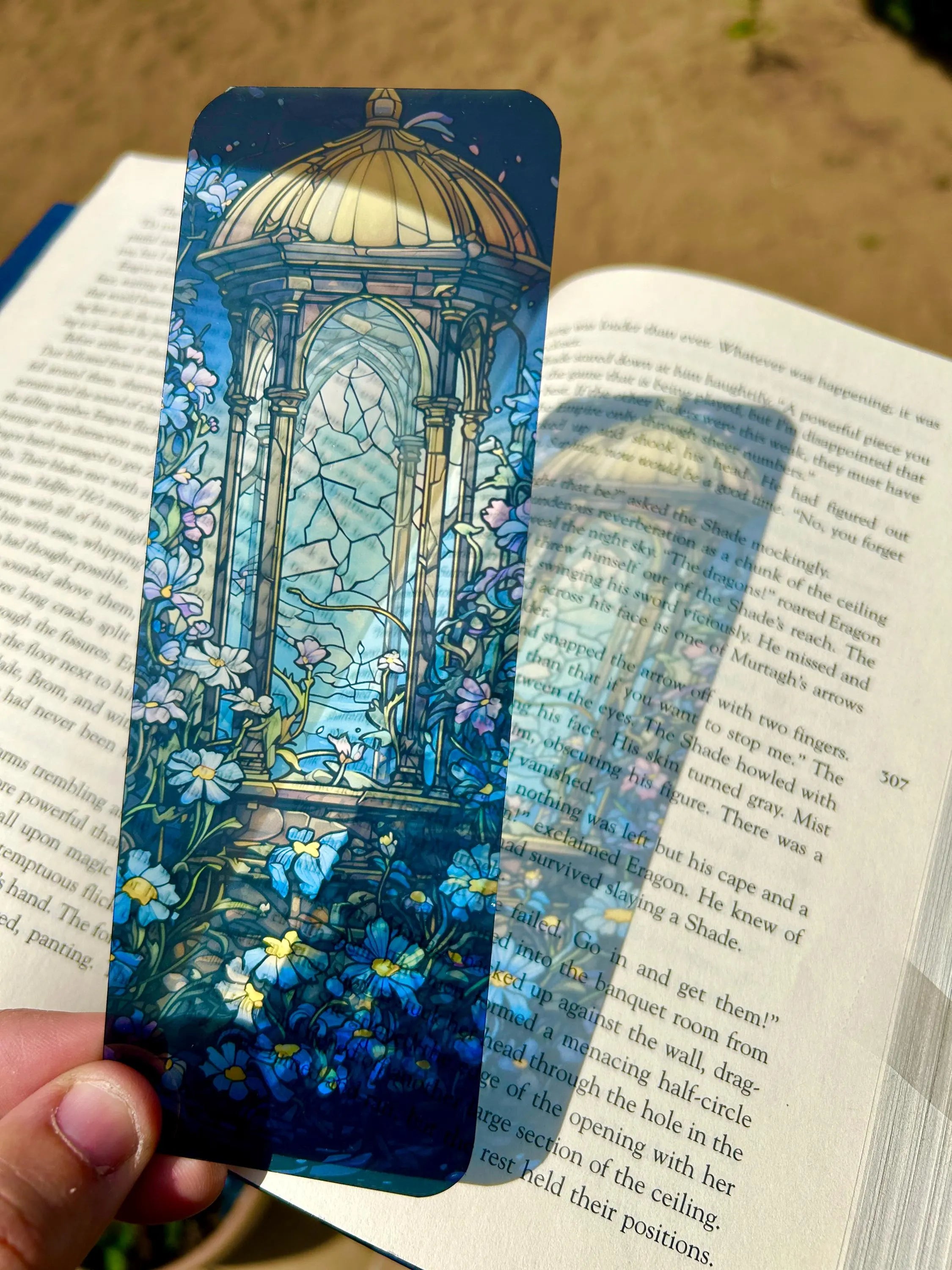 Golden Twilight Gazebo Bookmark – Enchanted Garden Fantasy Art, Stained Glass-Inspired Magical Ruins, Floral Gothic Bookmark