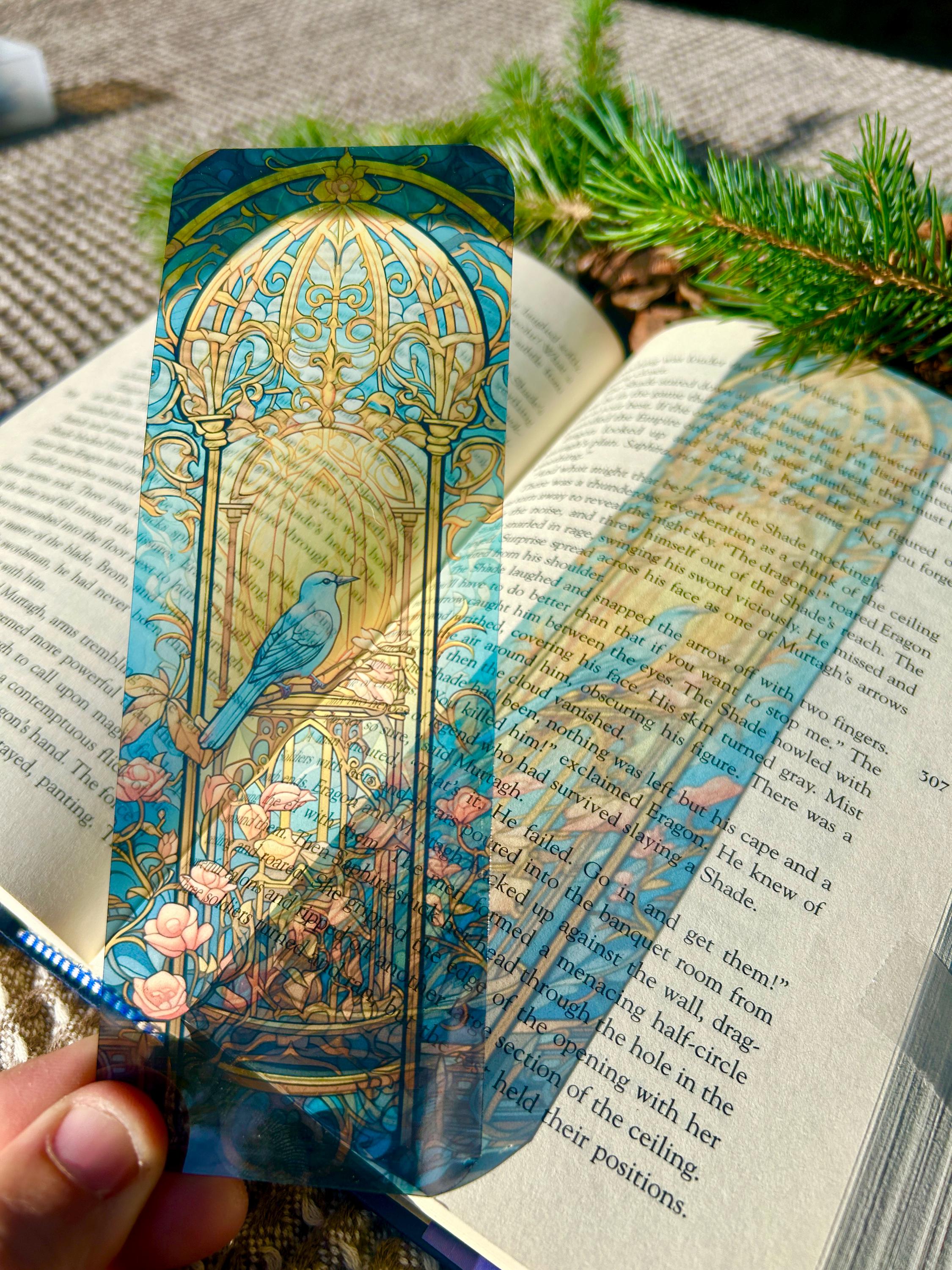 Whimsical Bluebird Bookmark – Stained Glass Floral Bookmark with Birdcage and Blossoms | Transparent Bookmark for Nature Lovers & Bookworms