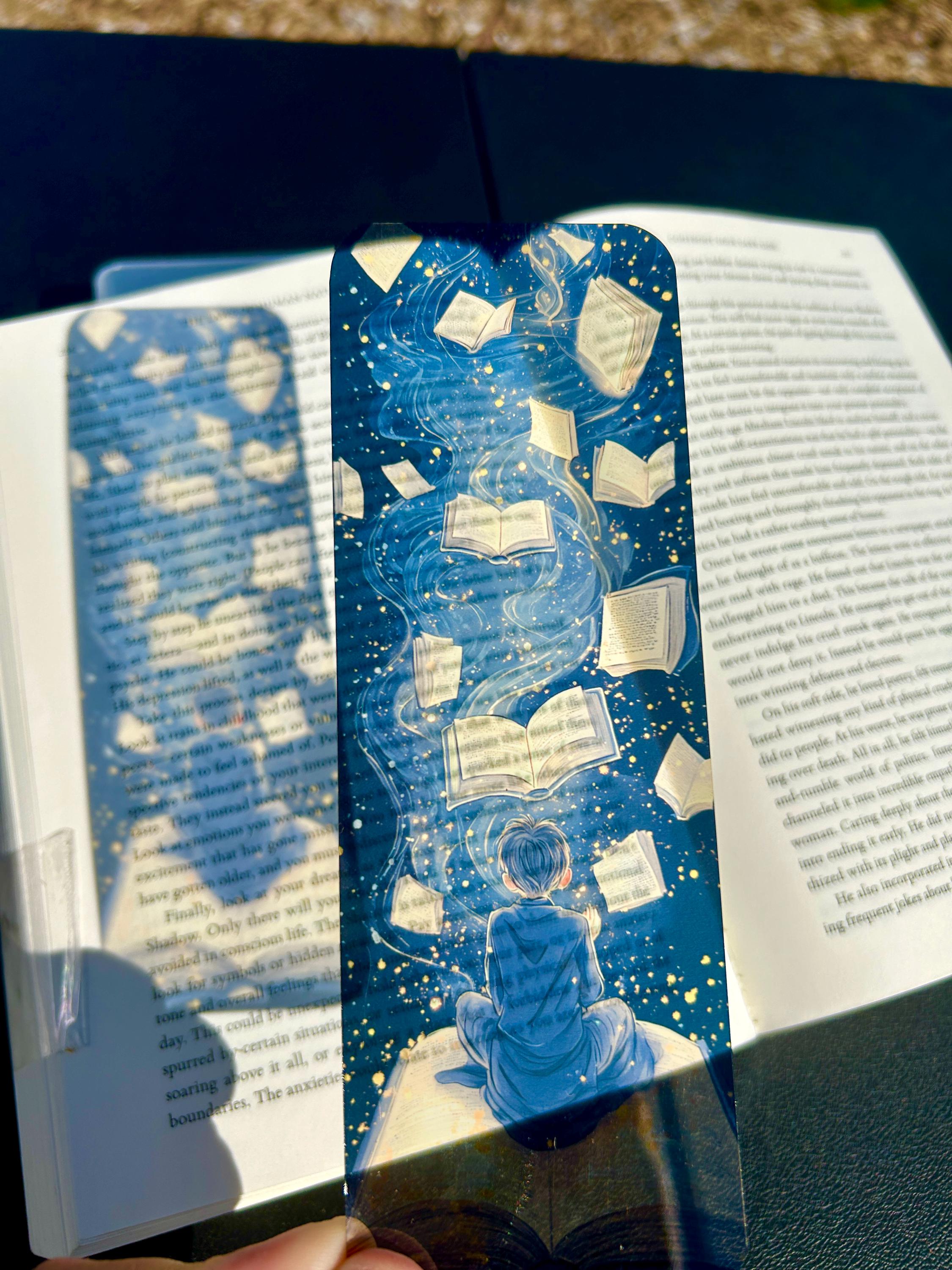 Magical bookmark of apprentice with glowing books floating in starry sky — perfect for fantasy lovers, dreamers, and bookworms