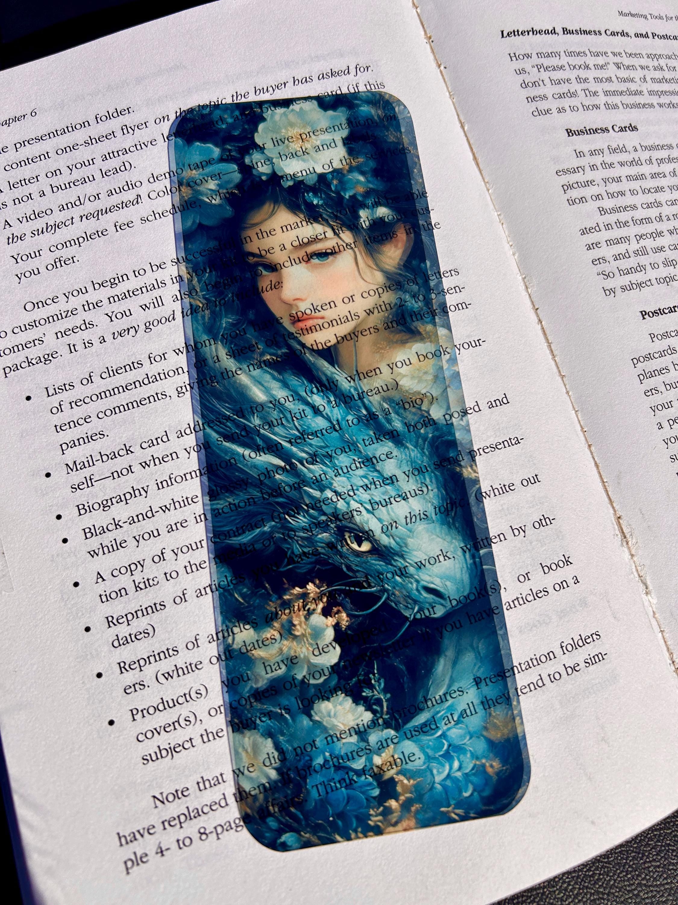 The Dragon Girl Fantasy Bookmark | Blue Floral Whimsy Art | Mythical Guardian Companion | Elegant Dreamy Illustration | Dragon Lover Gift