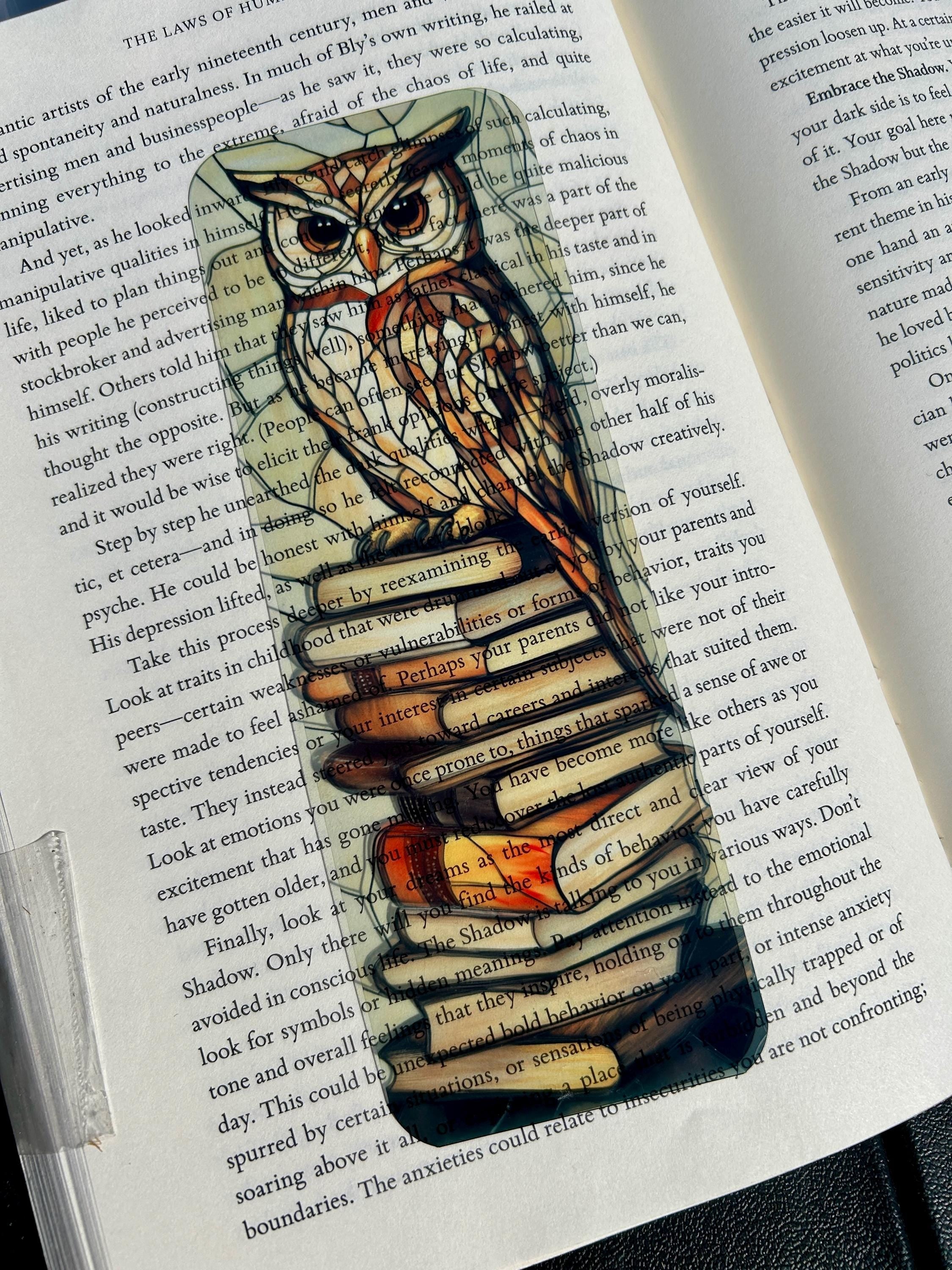Stained glass owl bookmark with vintage book stack, wise brown owl perched on books