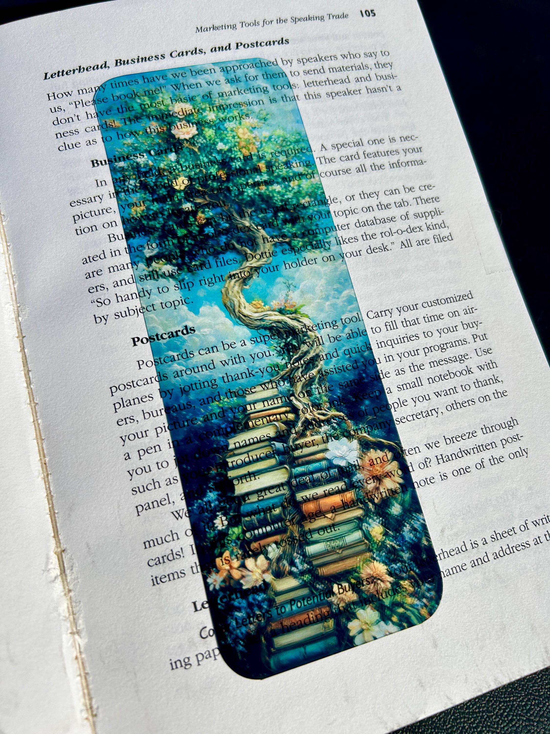 Enchanted Tree of Knowledge Bookmark – Whimsical Fantasy Tree Growing from Books with Flowers and Clouds, Book Lover’s Bookmark