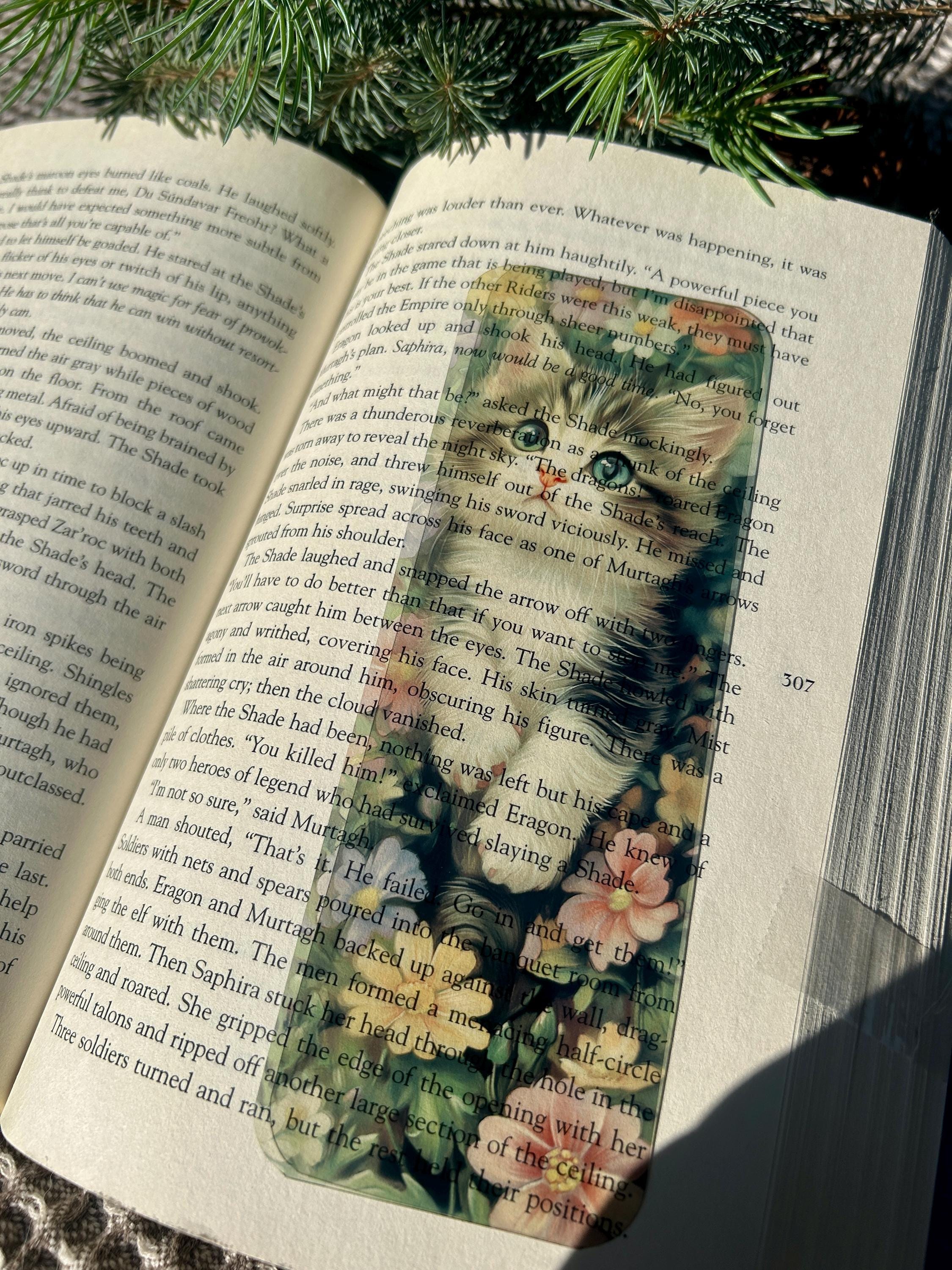 Floral Kitten Bookmark – Cute Cat in Flowers Bookmark for Readers, Cottagecore Aesthetic, Stained Glass Style Gift for Book Lovers