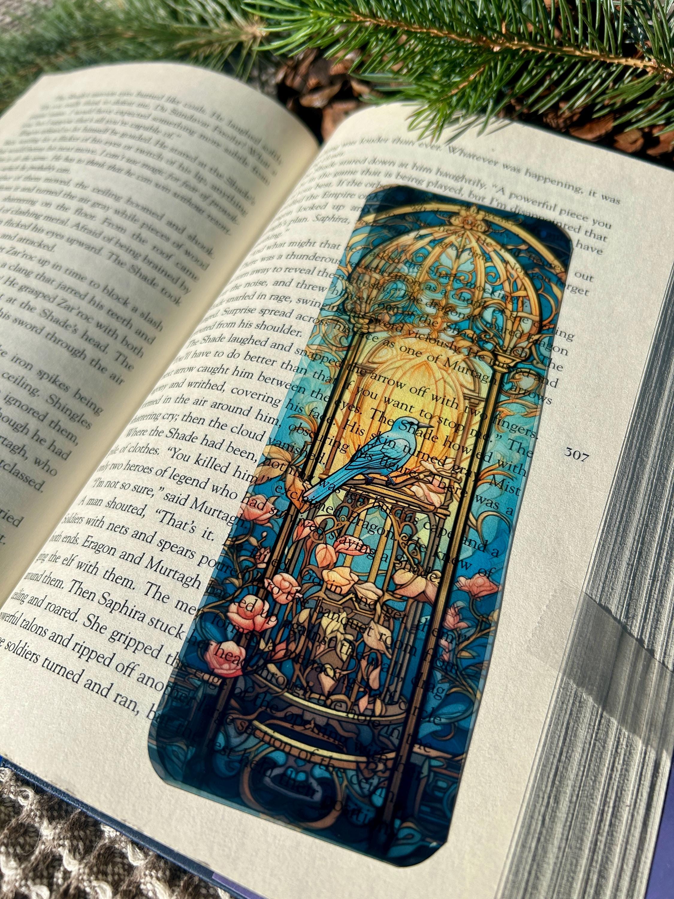 Whimsical Bluebird Bookmark – Stained Glass Floral Bookmark with Birdcage and Blossoms | Transparent Bookmark for Nature Lovers & Bookworms