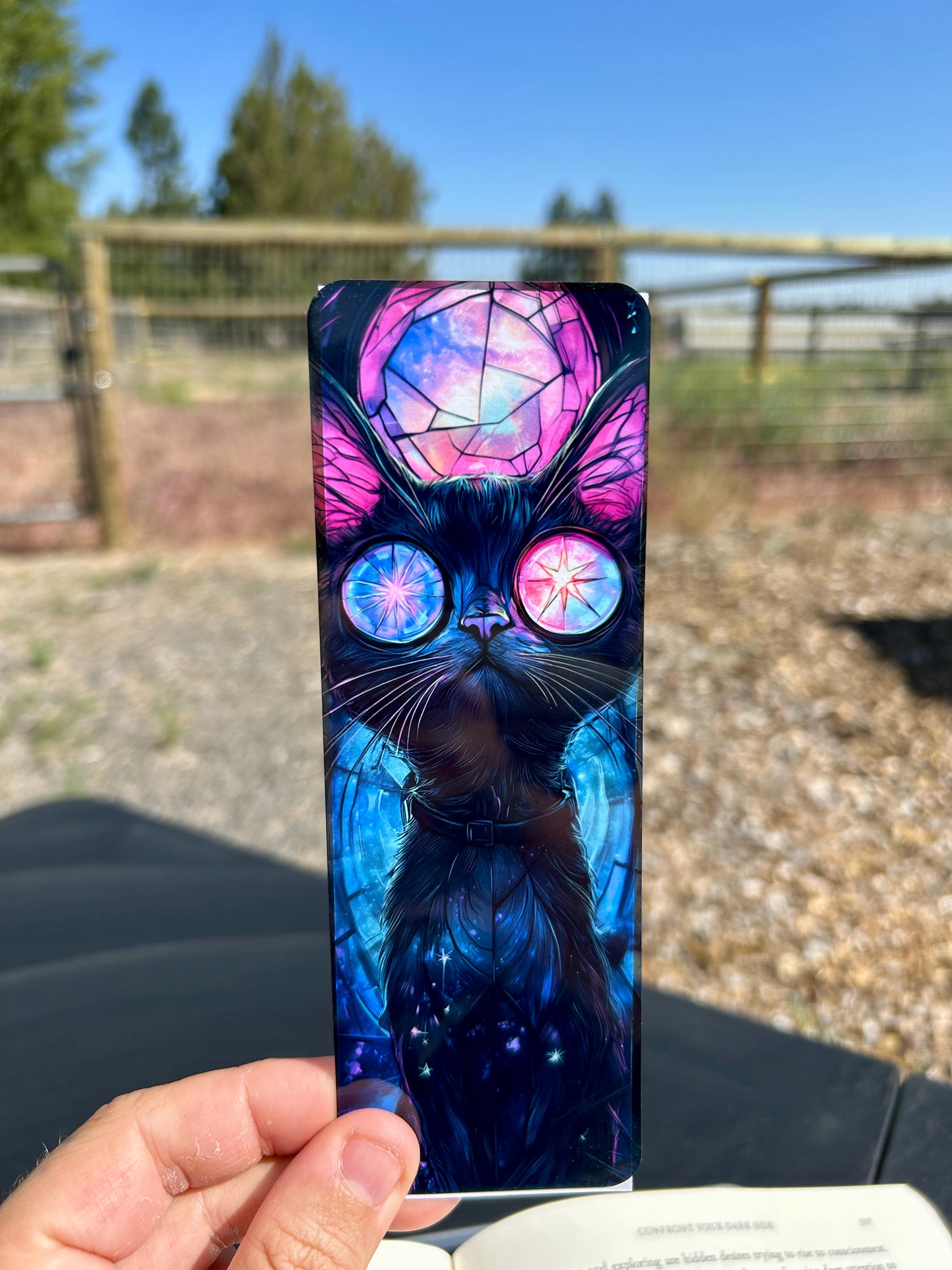 Psychedelic Cat Bookmark – Neon Cosmic Feline with Starry Glasses, Trippy Space Cat Gift for Readers, Cosmic Book Lovers