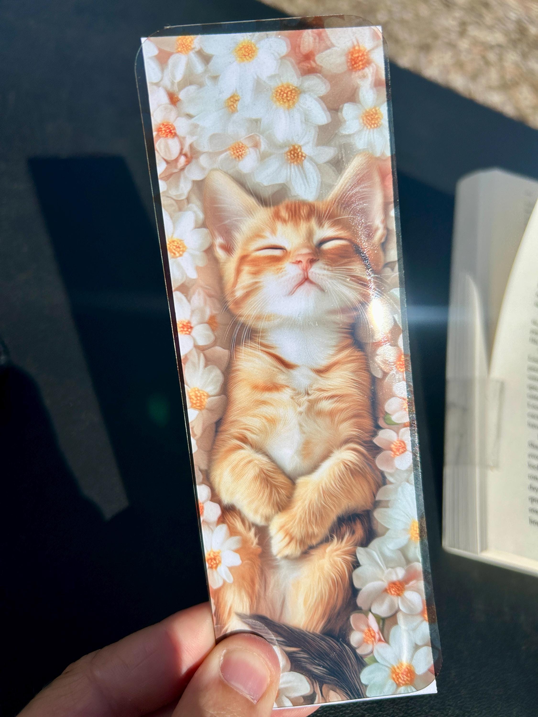 Adorable Sleeping Orange Tabby Kitten Bookmark with Floral Background – Cute Cat Bookmark