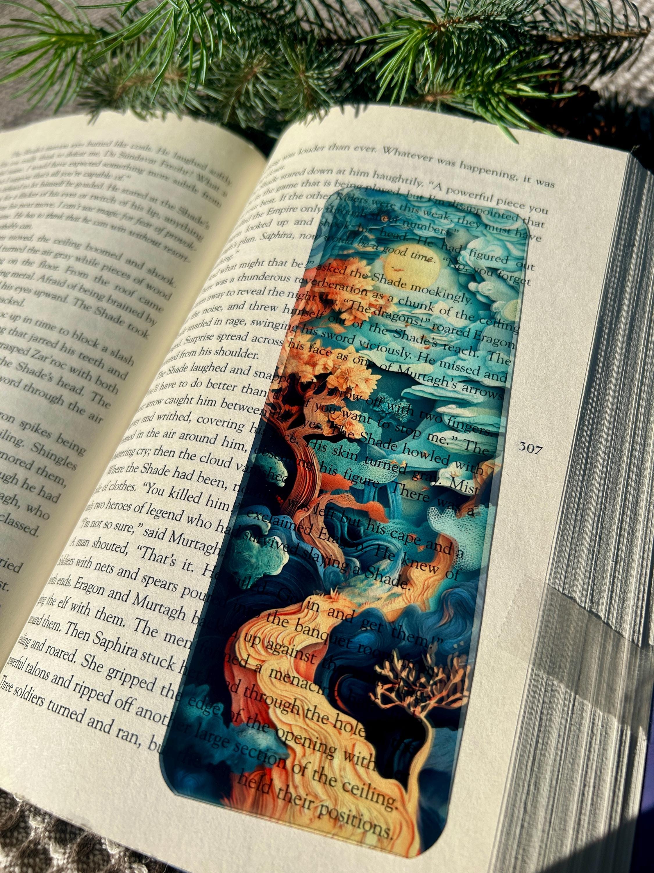 Surreal Mountain Sunset Bookmark – Glowing Landscape Book Lover Gift, Dreamy Stained Glass Look, Fantasy Art Bookmark