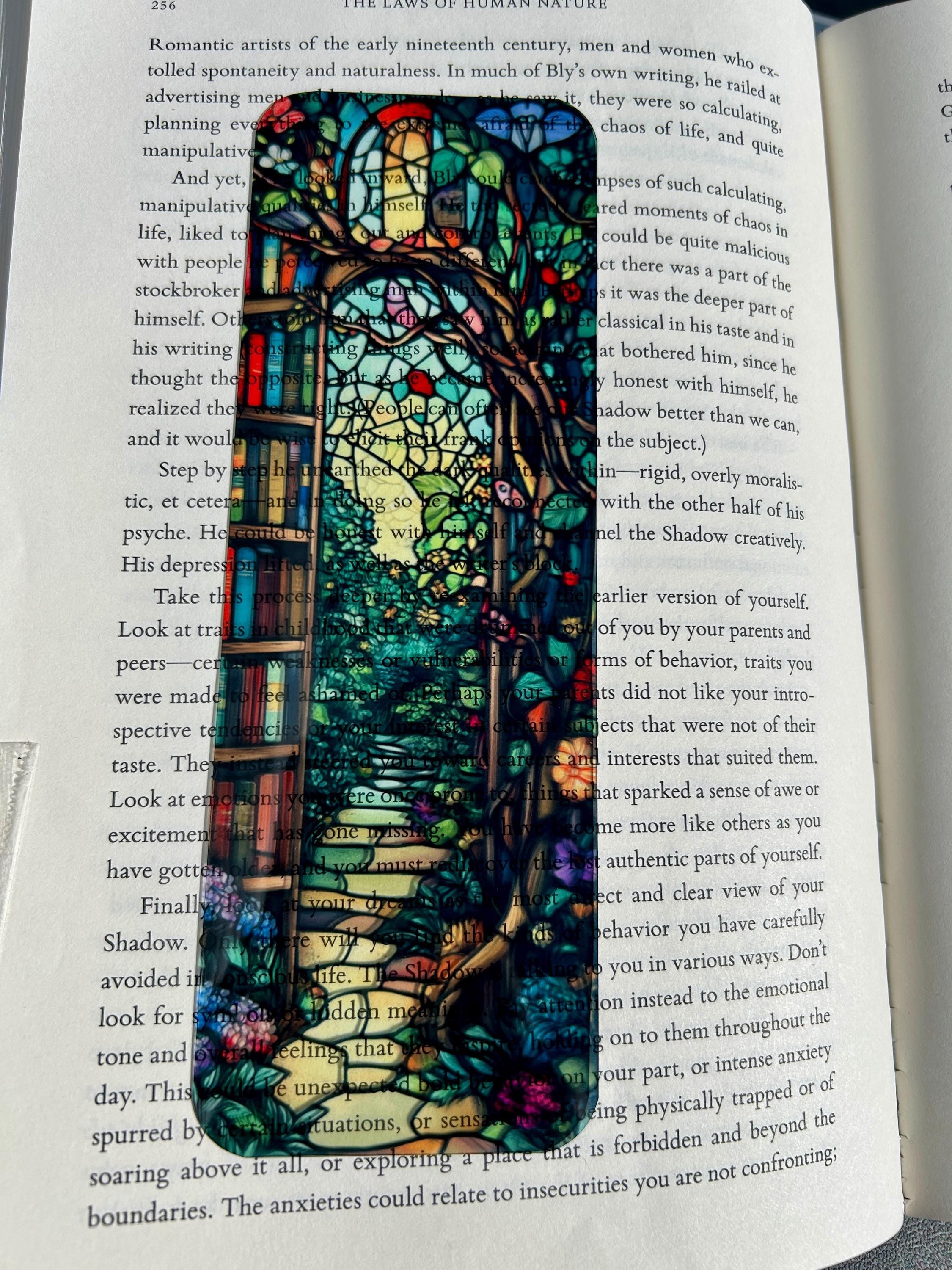 Stained Glass Library Garden Bookmark – Vibrant Bookshelf Pathway Design with Floral Arch and Magical Window for Book Lovers