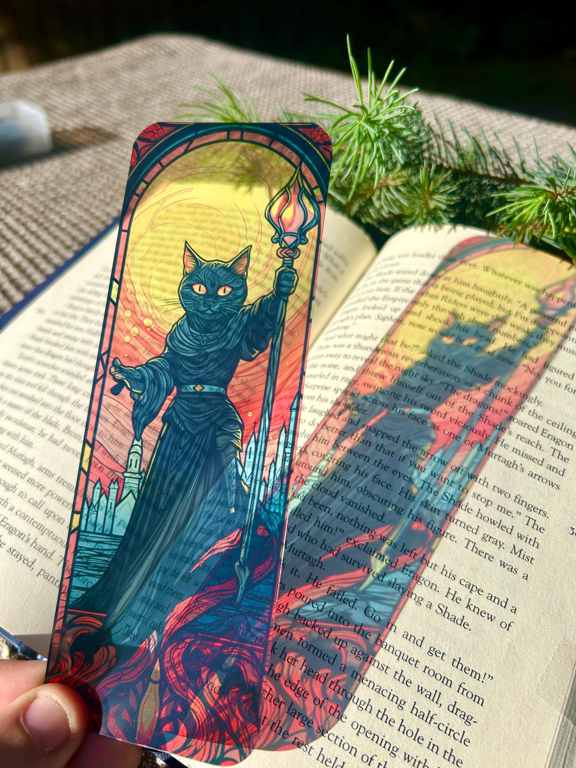 Wizard Cat Bookmark – Transparent Fantasy Cat Wizard with Staff | Gothic Magic Cat Art Bookmark for Readers & Gift for Book Lovers